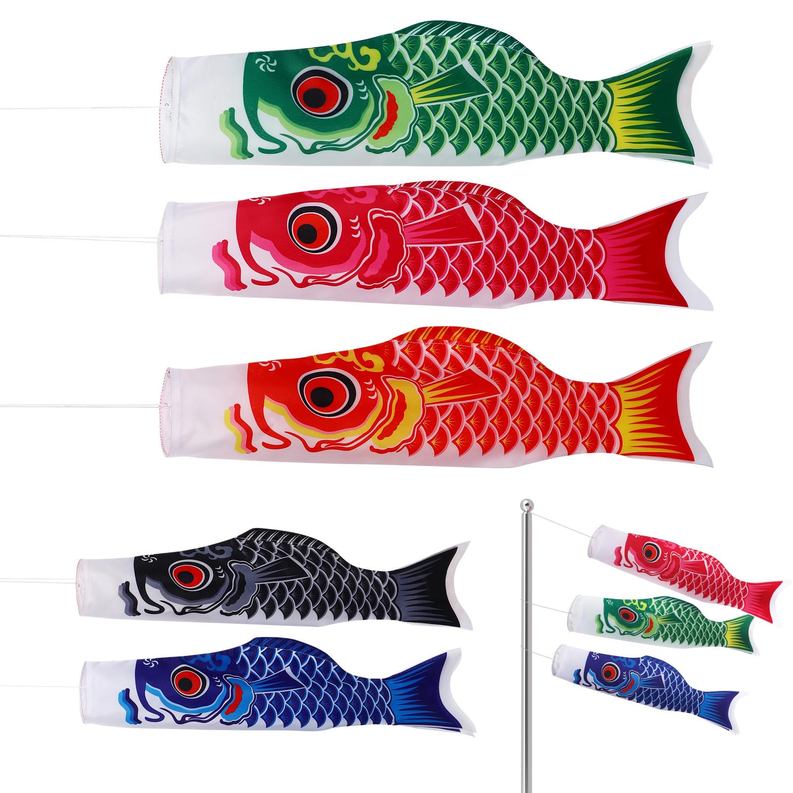 Totority Banderas de Peces Japonesas 5 Piezas 70 CM en Satén Ligero para Decoración de Jardín y Espacios Abiertos Diseño Animado y Fácil de Colgar