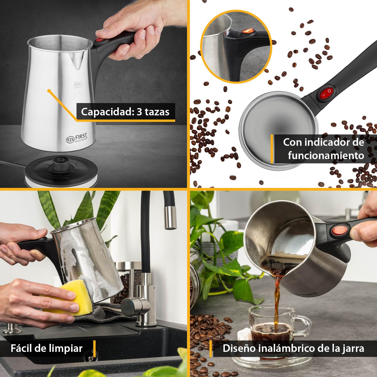 TZS First Austria Cafetera eléctrica turca de 0,35 litros y 800 W | Moka, espresso y hervidor | Fabricada en acero inoxidable con mango antideslizante | Apta para el hogar, la oficina y viajes