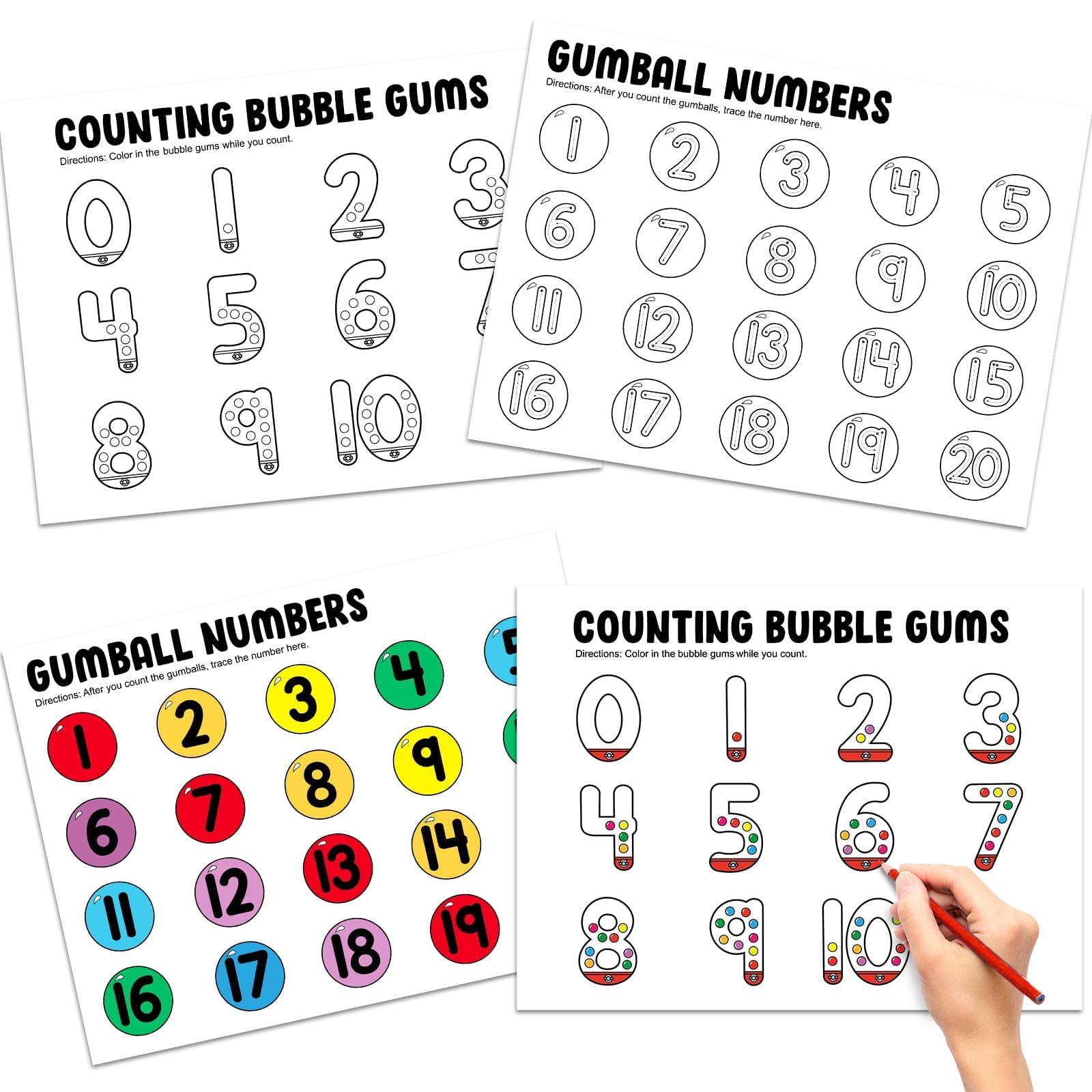 Lonfliness 48Pcs Coloring Counting Number Poster Gumball Educational Learning Math Posters for Students Bubble Gum DIY Coloring Games for Teacher School Classroom Home Nursery Activity Supplies