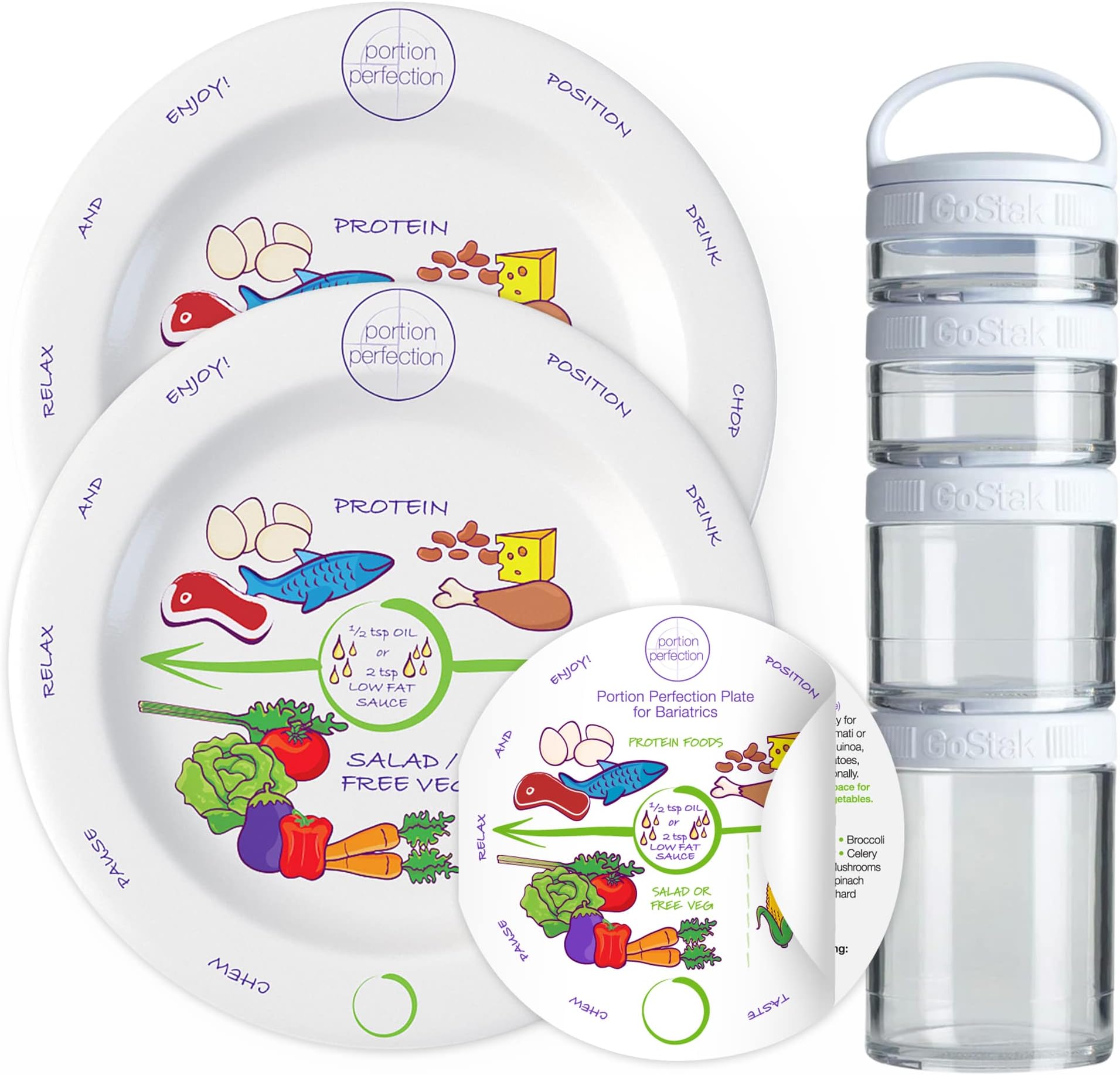 Bariatric Surgery 8 Inch Melamine Plates (x2) PLUS 100 Cal Snack Container Set with Easy Instructions for After Gastric Bypass, Sleeve Gastrectomy or Band. Balance Protein, Carbs & Vegetables