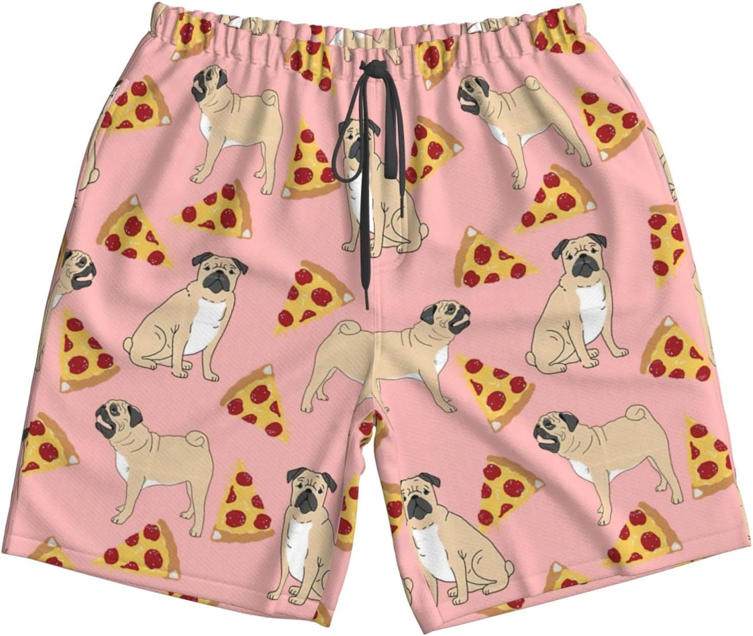Pug Pizza Print Men's Hawaiian Beach Shorts Elastic Novelty Summer Casual Shorts with Pocket