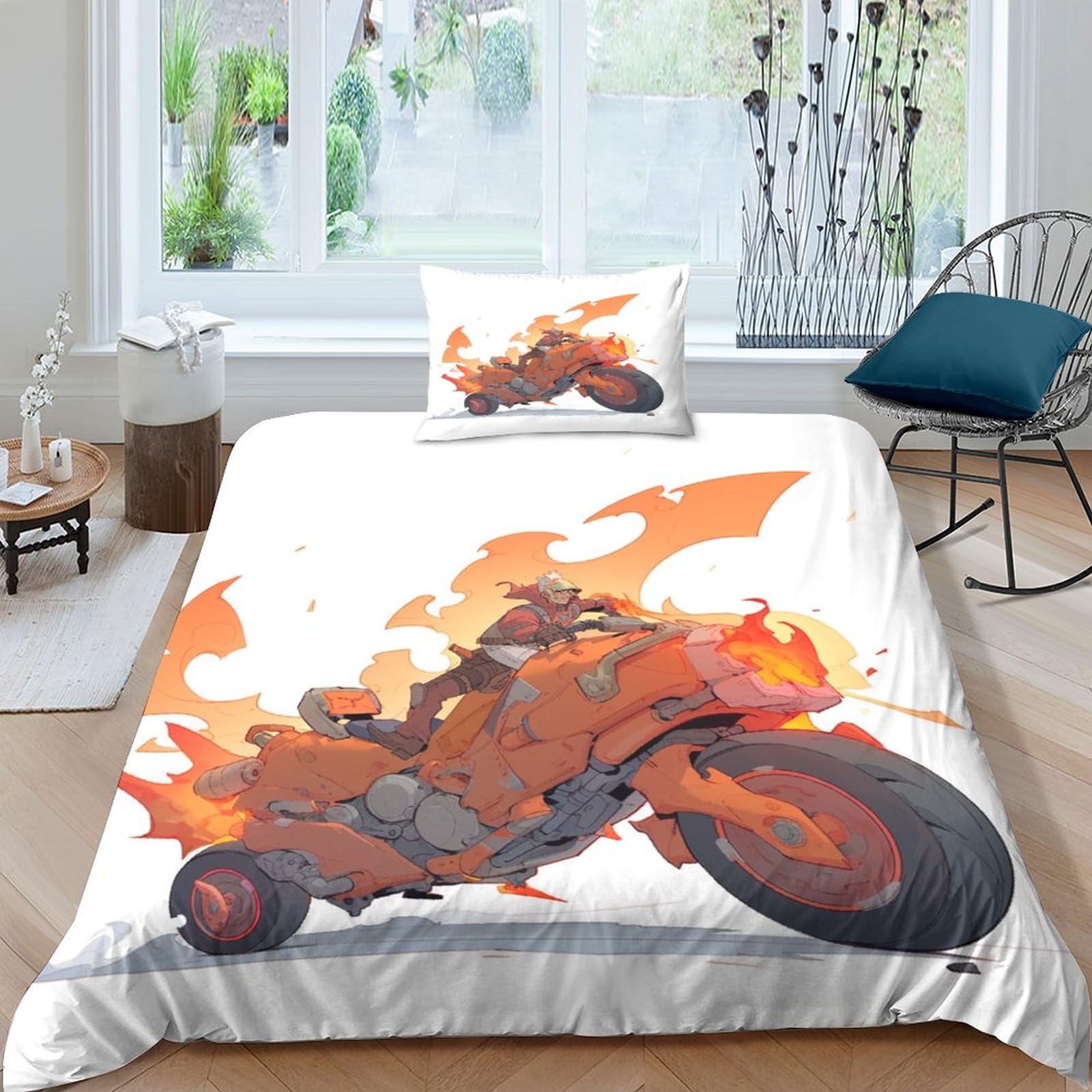 Parure de lit moto en feu IOFEER 3D avec housse de couette 135x200cm pour chambre d'enfant
