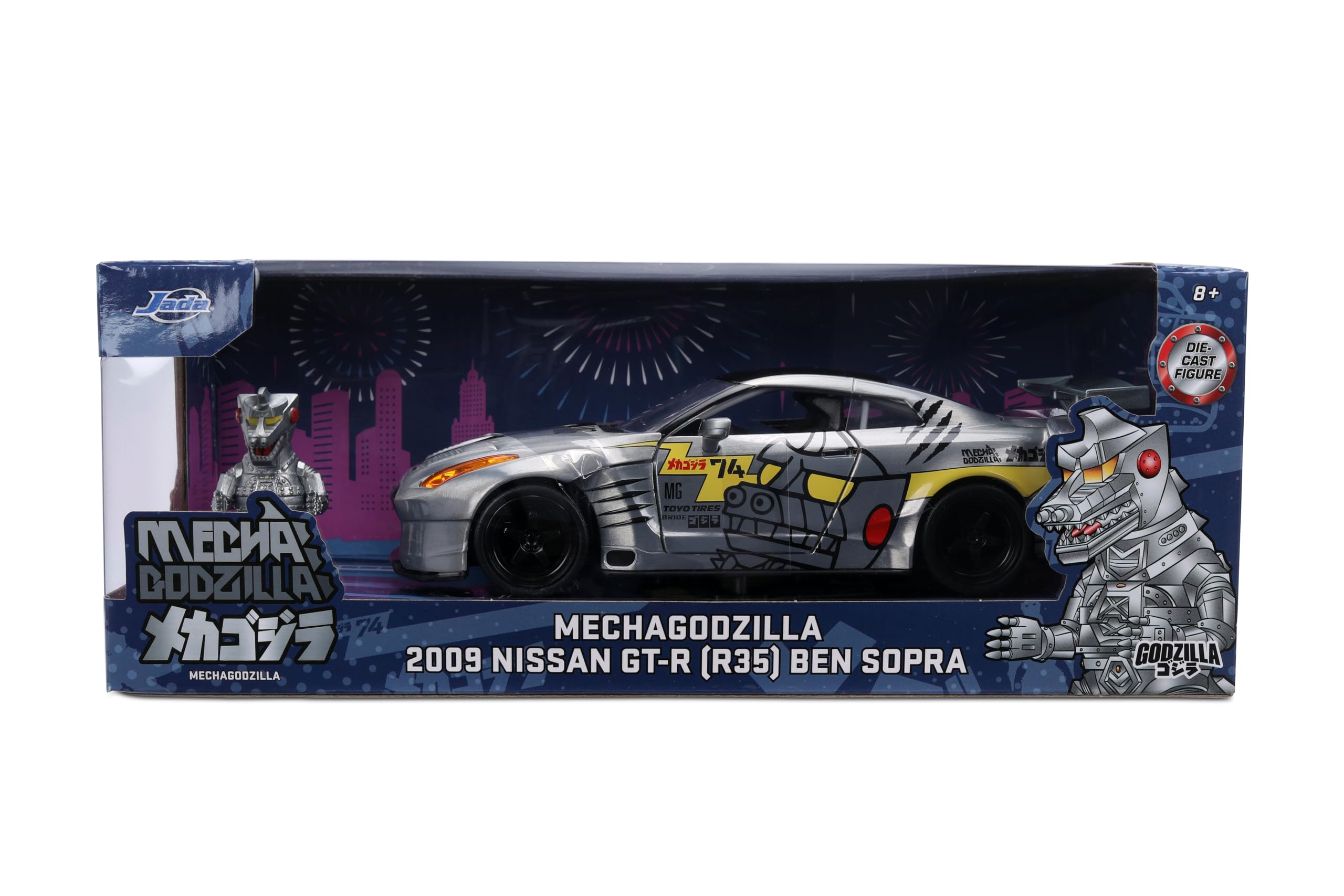 Jada Mechagodzilla z 2009 Nissan GT-R R35 Ben Sopra - 1:24 Anime Hollywood Rides - odlewane samochody i figurki - otwierane drzwi, kaptur i bagażnik - kolekcja - wiek 8+ - wielokolorowy