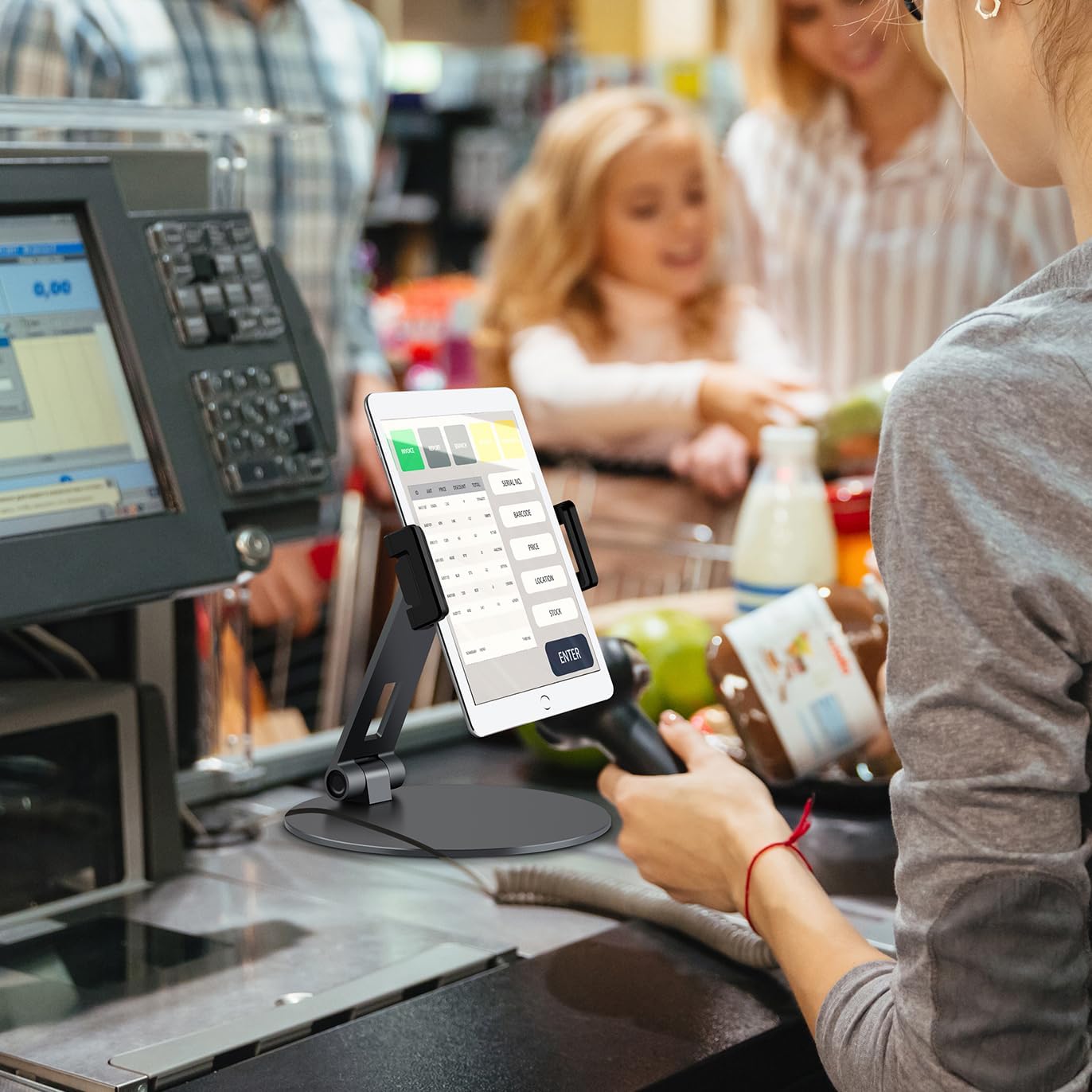 Rotating Tablet Stand,360°Rotatable Retail Kiosk Holder,Aluminum Commercial POS Display Stand for Microsoft Surface,iPad 10,Galaxy Tabs-7''-13''Tablets for Business,Office,Reception Kitchen,Home-Black