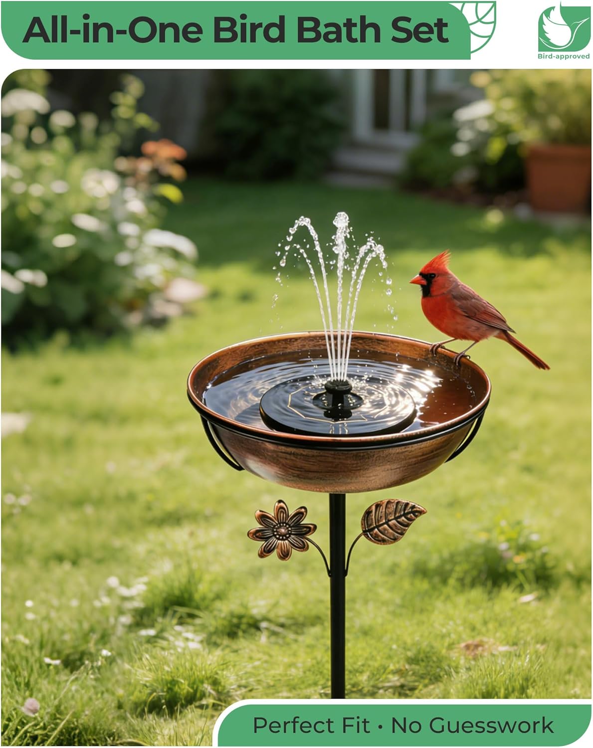 12" Dia Metal Bird Bath with Solar Fountain & LED Lights – Complete Outdoor Birdbath System with Fountain, 9V/2W Pump & 5 Nozzles | 3" Deep Bowl with Stake, for Backyard, Lawn & Patio