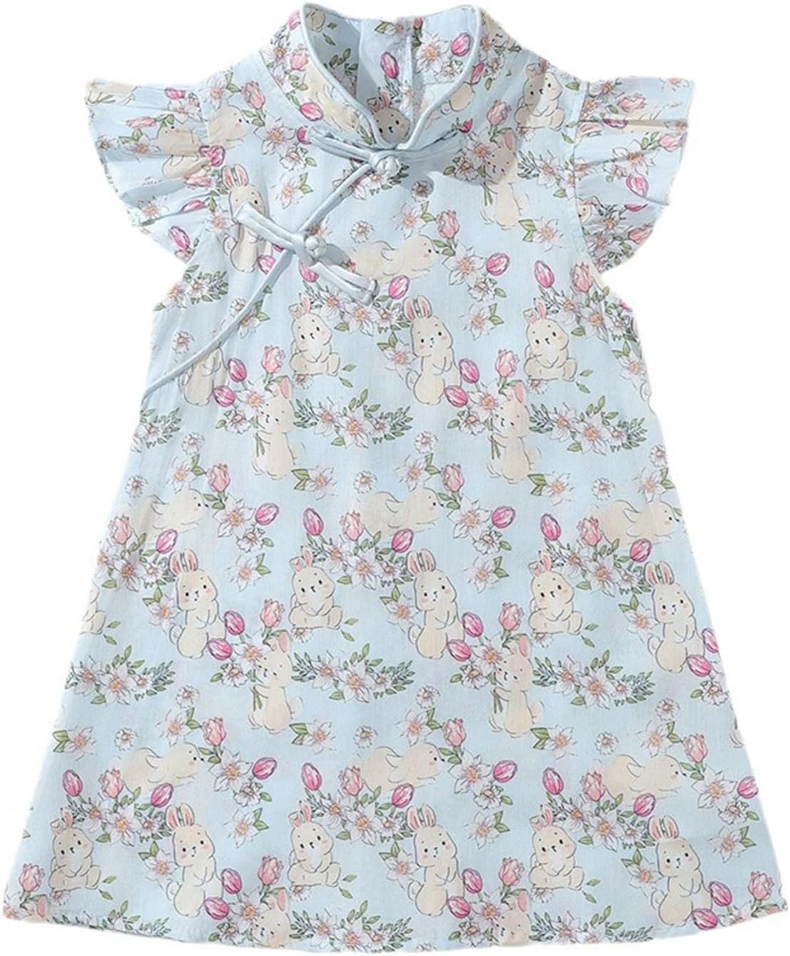 Mud Kingdom Girls Easter Dress Fluffy Sleeve Qipao Dress with Bunny Pattern