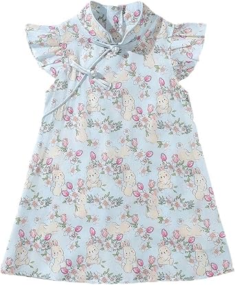 Mud Kingdom Girls Easter Dress Fluffy Sleeve Qipao Dress with Bunny Pattern