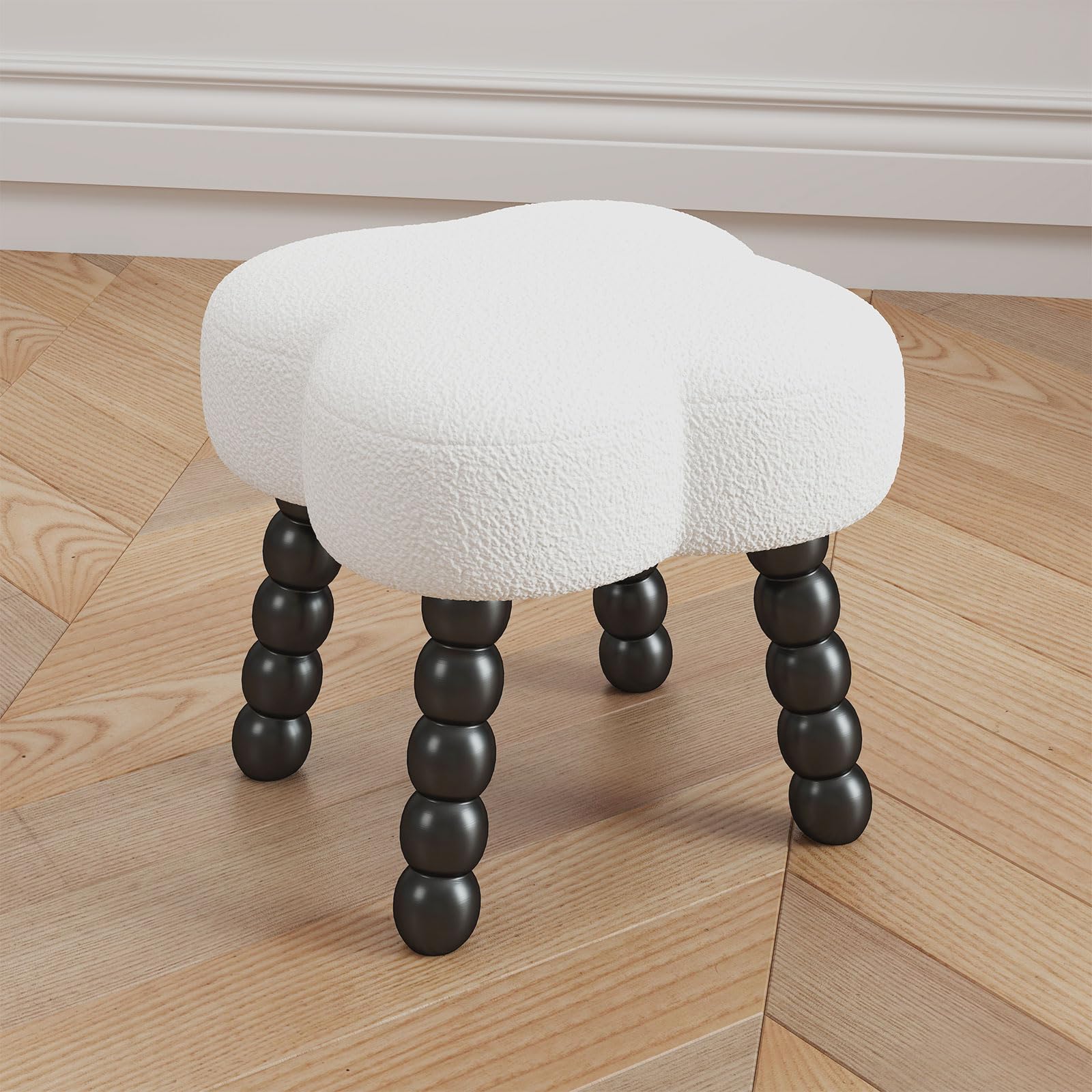 Permory White Ottoman, Small Footrest with Storage Space, Unique Shaped Ottoman with Wood Legs，Faux Teddy Fur(Clover-White)