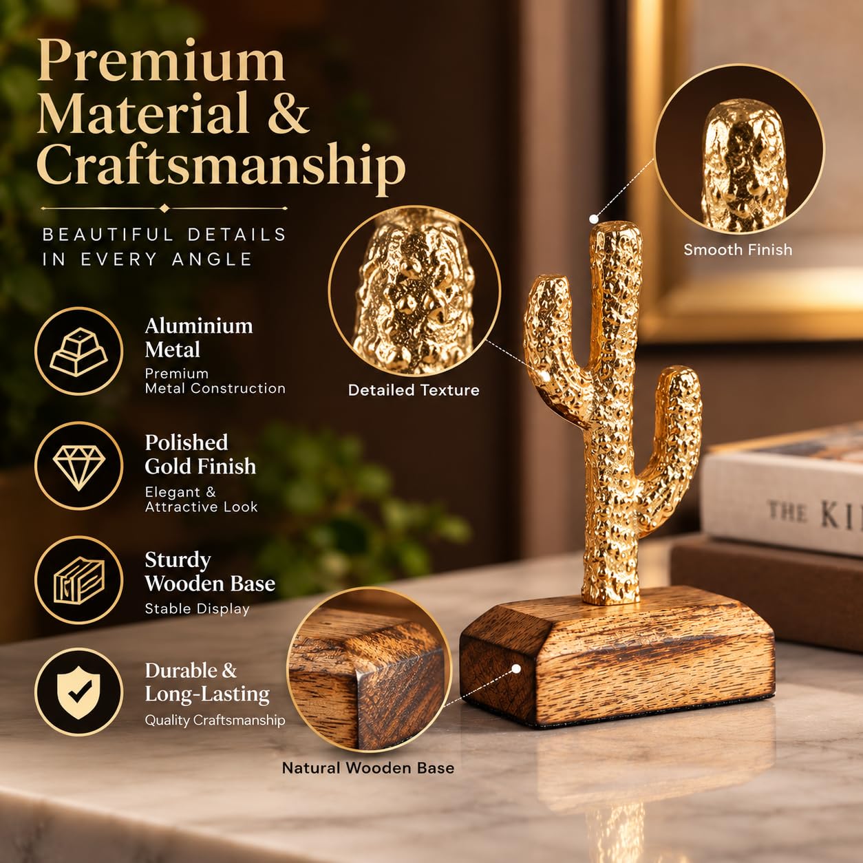 Gold Mini Cactus Sculpture - Home Decor -2