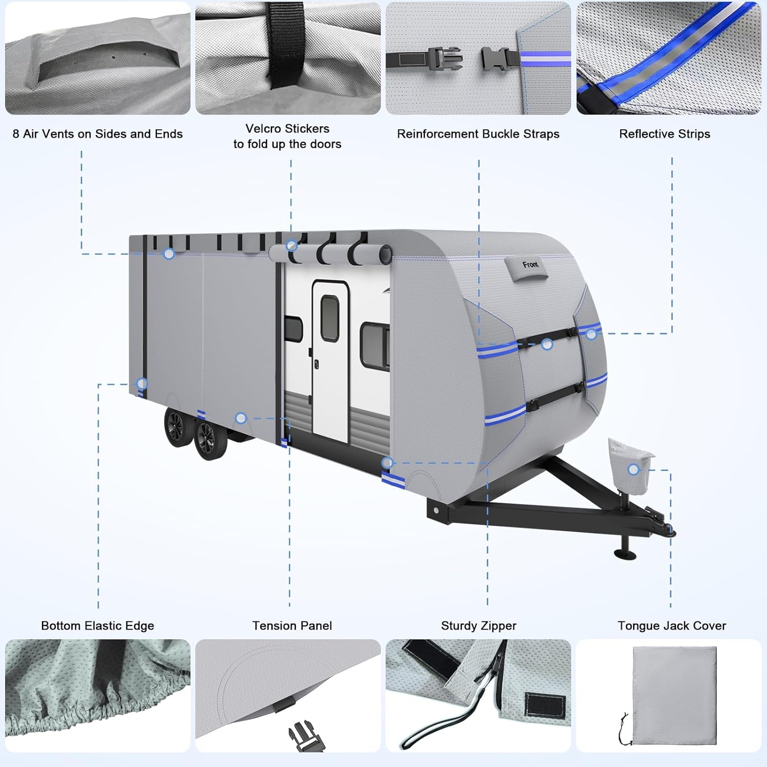 RV Cover Fits 20-22ft Travel Trailer, 7 Layers Heat & Cold Protection Travel Trailer Cover with 4 Zippered Access Panels Design, 10 Windproof Straps, Carry Bag, 4 Tire Covers, Gutter Covers
