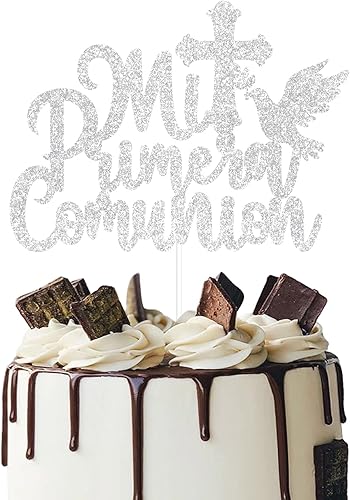 Mi Primera Comunión - Decoración para tartas de primera comunión para baby shower con purpurina plateada  God Bless This Child Bautizo Party Decor