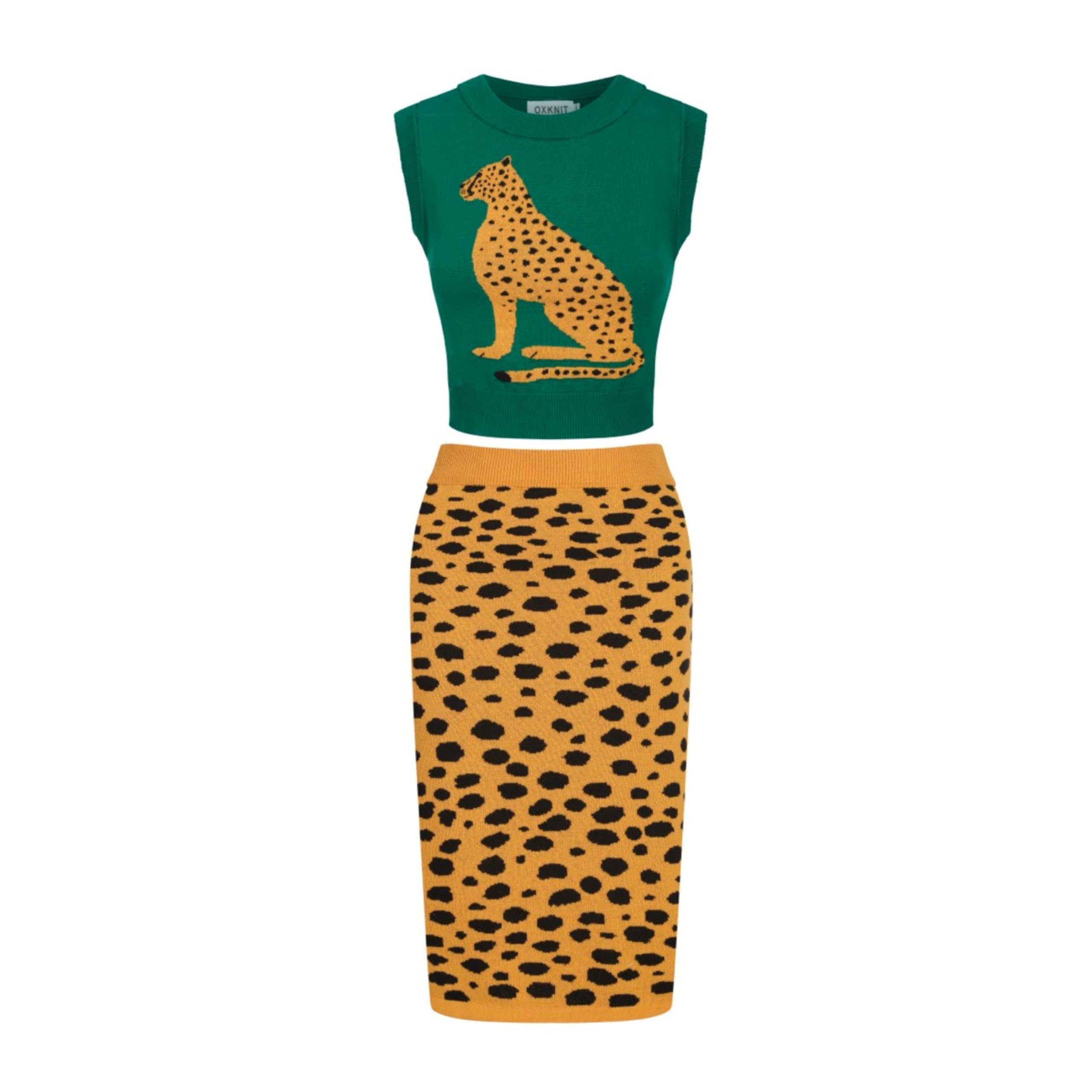 OXKNIT Women's Knitted Vest Skirt Sets, 1960s Mod Style Retro Leopard Green Yellow Tank Straight Skirt 2 Piece Sets Summer