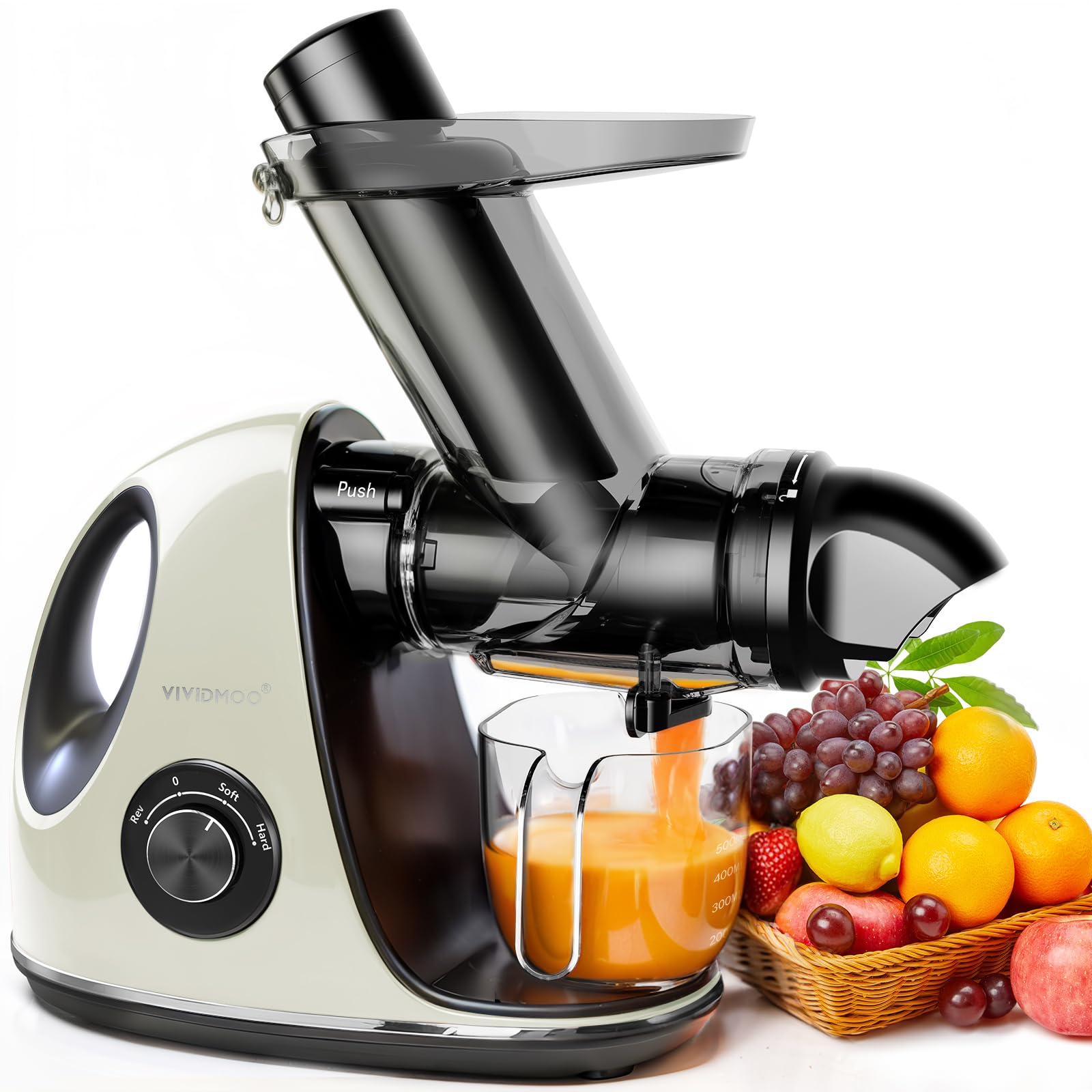 Juicer Machines, Vividmoo Masticating Juicer machines with 3-Inch Wide Chute, 2-Speed Modes & Reverse Function, Powerful Fruit Cold Press Juicer, Dishwasher Safe Slow Masticating Juicer (Pure white)