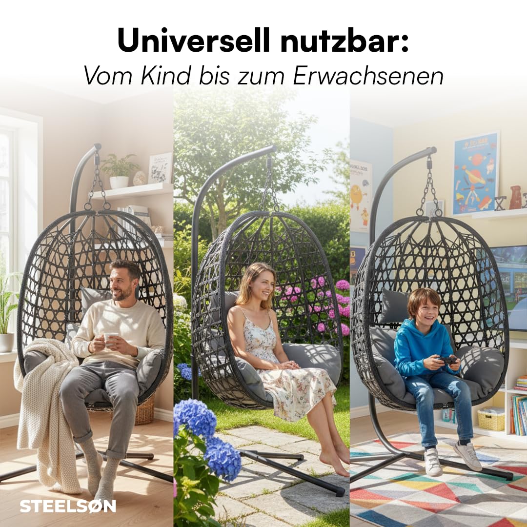 STEELSØN Sarin Hängesessel mit Gestell – Hängestuhl Rattan Outdoor & Indoor mit Kissen – Hängekorb Schwarz – Gartenschaukel für Erwachsene & Kinder – Korbhängesessel faltbar – Hanging chair bis 150 kg