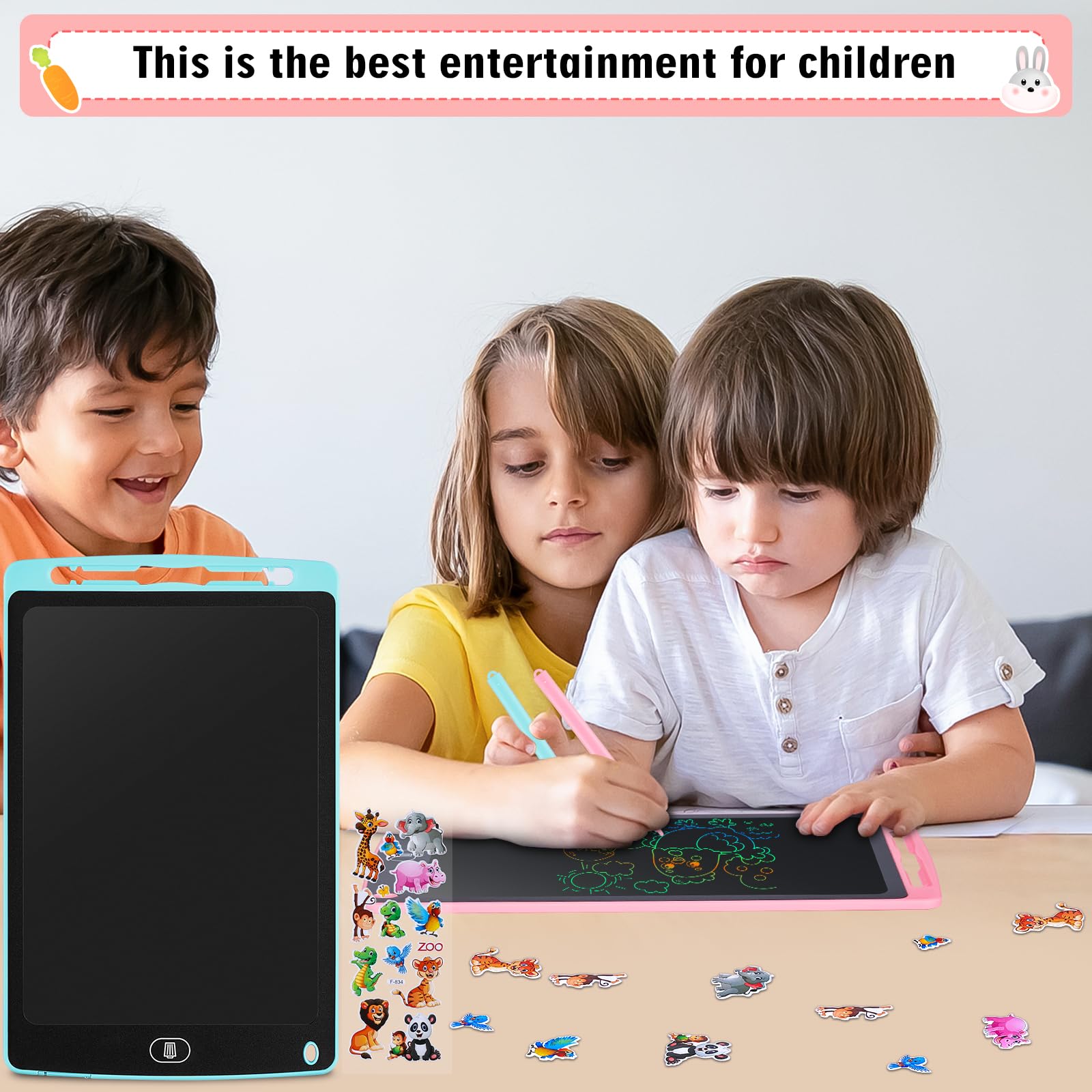 2 Pack Tablette D'écriture LCD 10 Pouces,LCD Tablette Dessin avec Ecran Coloré,Bloc D'écriture Effaçable avec des Autocollants D'animaux,pour Garçons et Filles de 3 4 5 6,Bleu + Rose