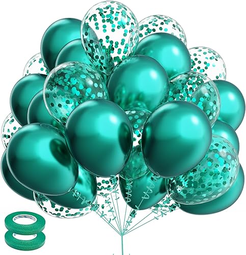 Kelfara Globos verdes metálicos, 60 globos de látex de 12 pulgadas de color verde metálico y confeti a granel para fiestas de cumpleaños, despedidas
