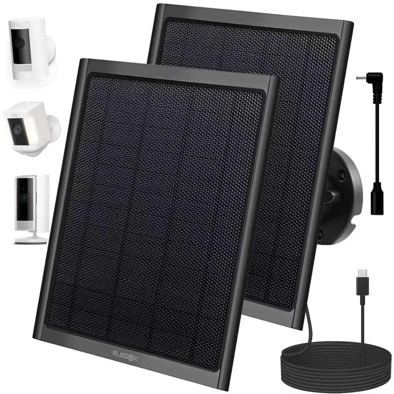 Lot de 2 panneaux solaires 8 W avec port de type C pour caméra extérieure ou intérieure, batterie – haute puissance solaire – panneaux solaires pour appareil photo (noir)