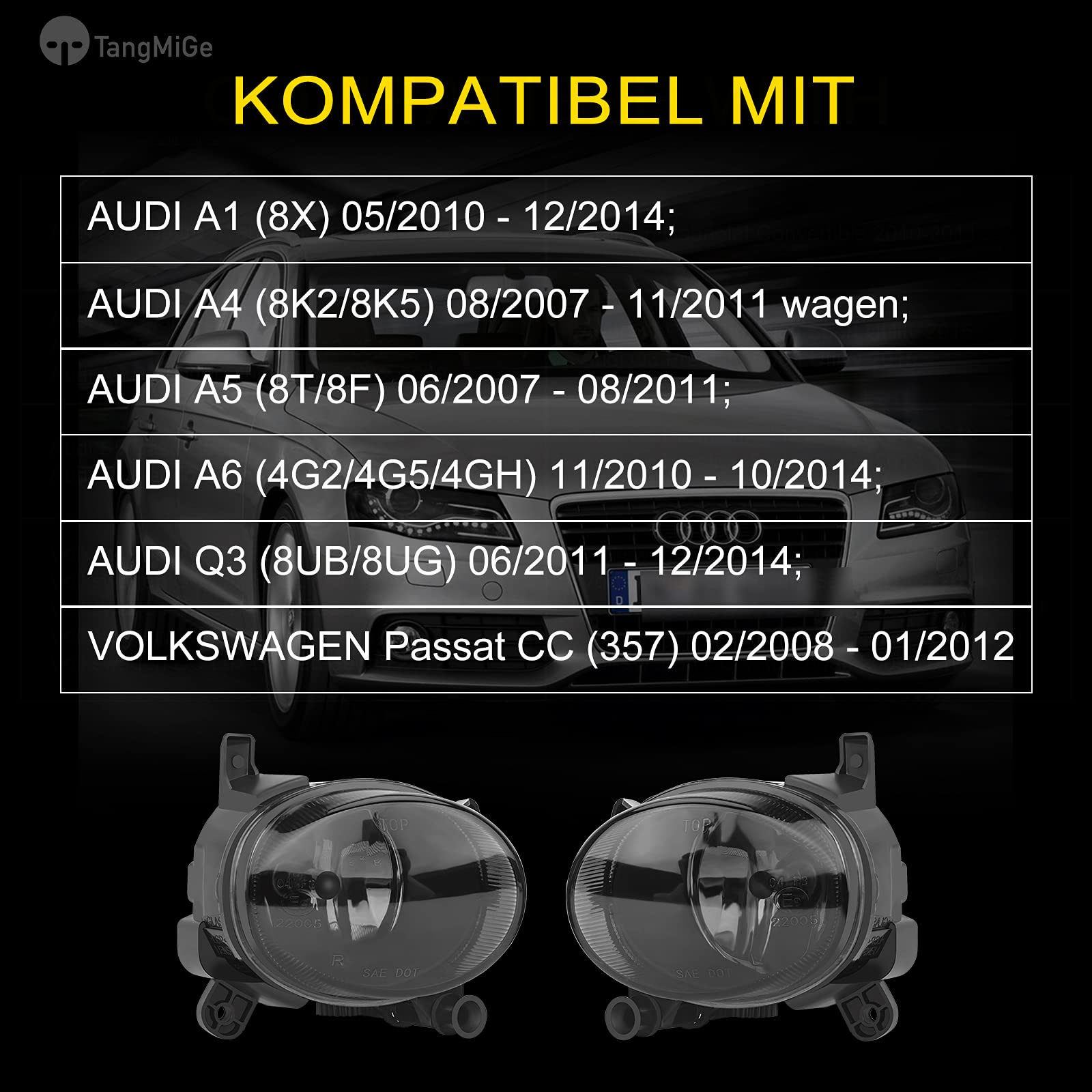 TangMiGe - Feux anti-brouillard compatibles avec Audi A1 A5 A6 Q3 A4 Wagen, 8X 8K2 8K5 8T 8F 4G2 4G5 4GH 8UB 8UG, Volkswagen VW Passa CC 357, 06/2007-12/2014, Phares antibrouillard (Fumée)