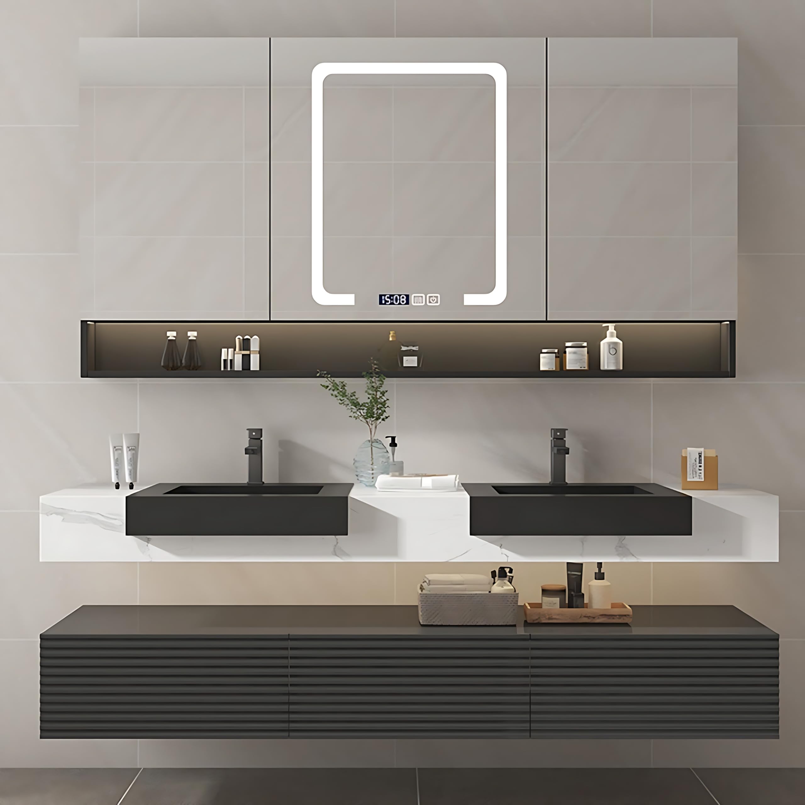 ZGNBSD Bathroom Vanity with Sink - Stylish Bathroom Vanity Cabinet & LED Smart Defogger Mirror Cabinet, Solid Wood Floating Vanity, Wall-Mounted