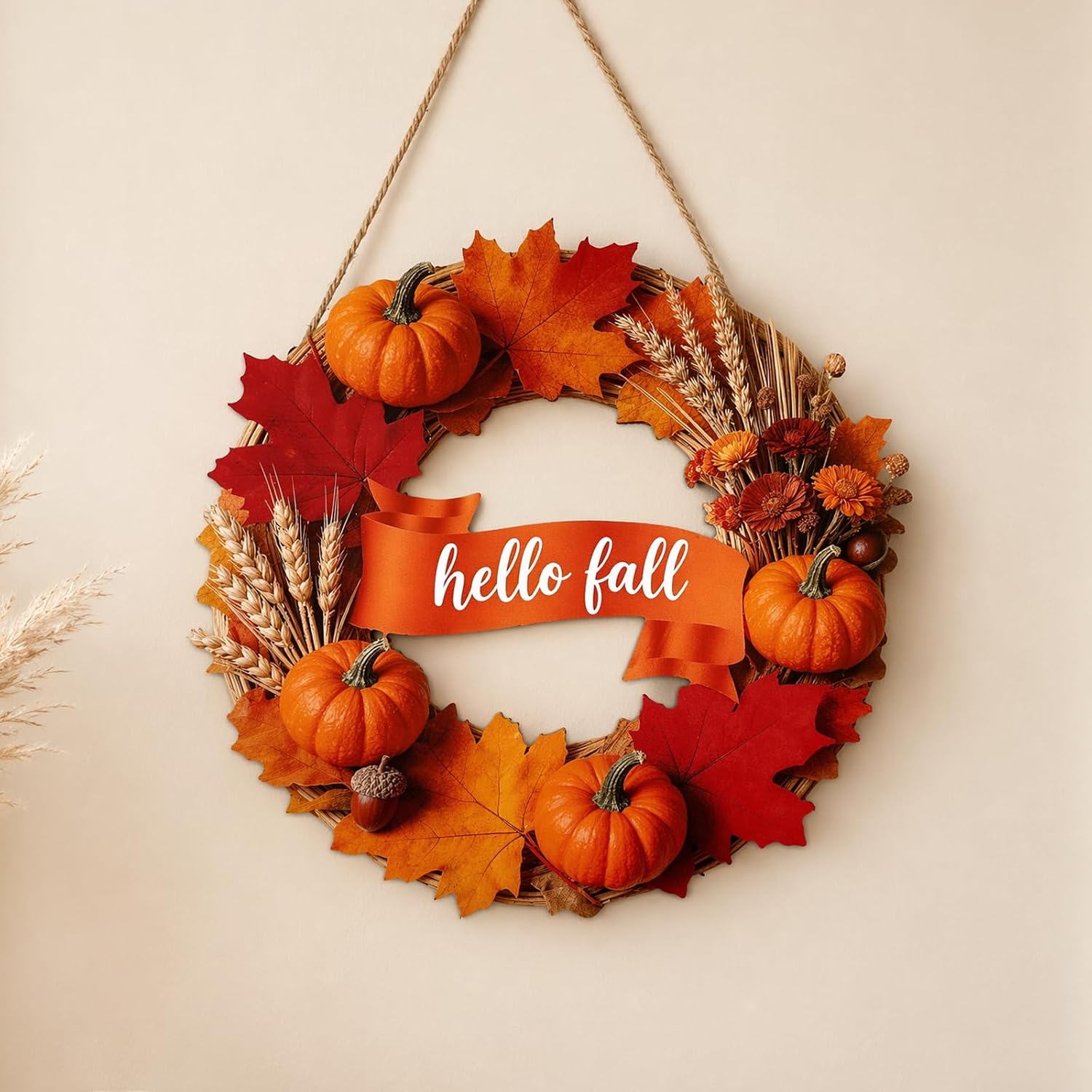 Fall Harvest Door Sign,Autumn Wooden Hanging Sign with Pumpkins Maple Leaves, Rustic Wall Decor for Front Door Porch Farmhouse Thanksgiving Decoration.