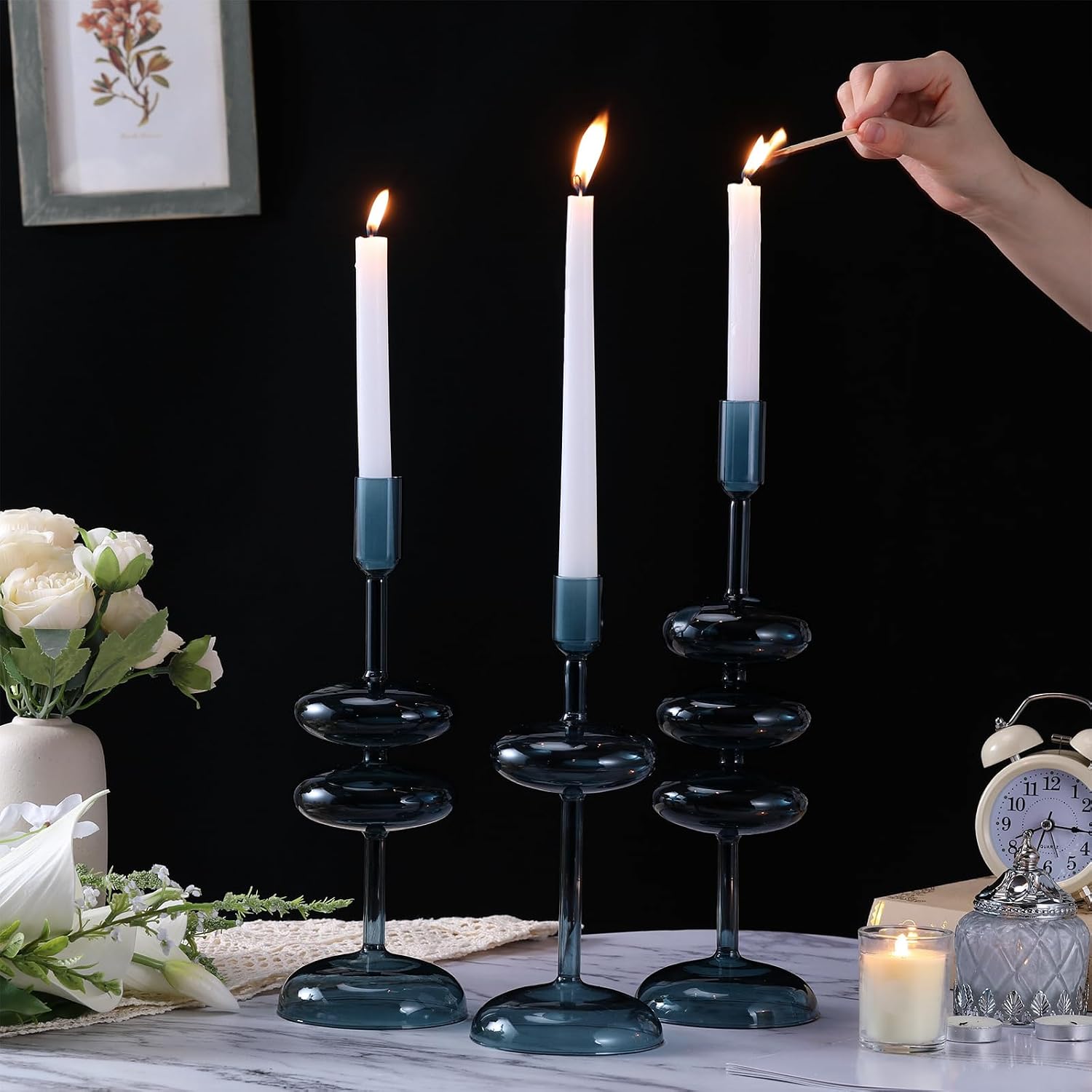 LemonRoad Glass Taper Candlestick Holder Set of 3, Table Decor, Deep Blue