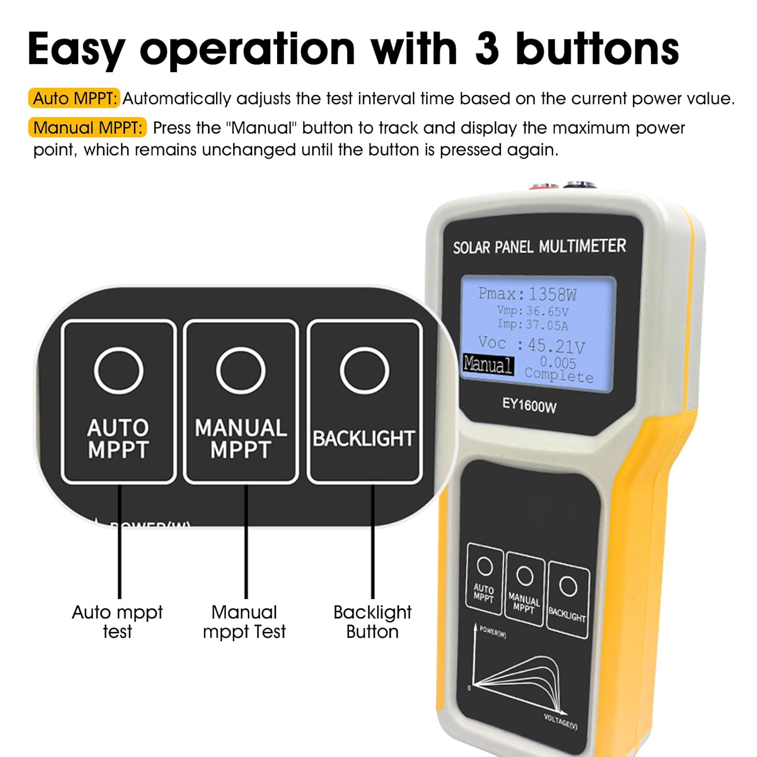 Solar Panel MPPT Tester 1600W, Portable Photovoltaic Multimeter Tracking Max Power Point Watt Volt Current, Open Circuit Voltage, Ultra Clear Backlit LCD Display, MC4 Connector Alligator Clip Included