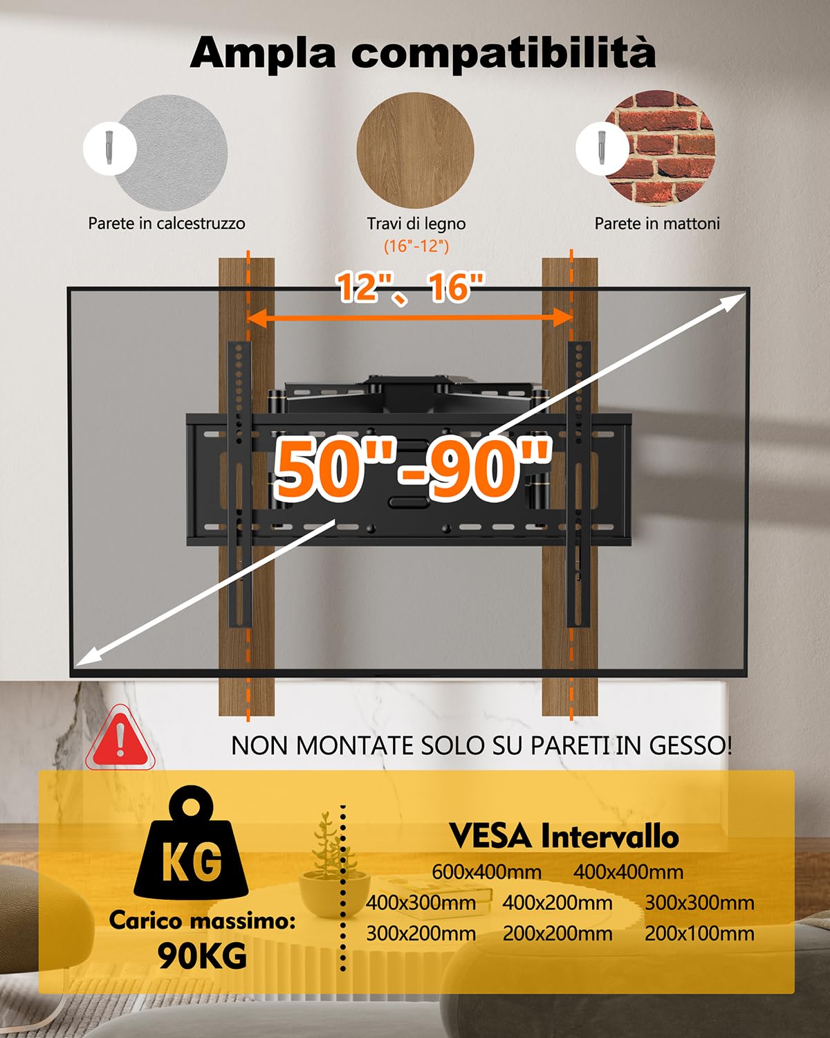 FORGING MOUNT Supporto TV Parete Doppio Braccio Extra Lungo da 1090mm per TV 50-90 Pollici, Staffa TV fino a 90kg con Rotazione e Inclinazione, Supporto TVs per LCD/LED/OLED, Max VESA 600x400mm