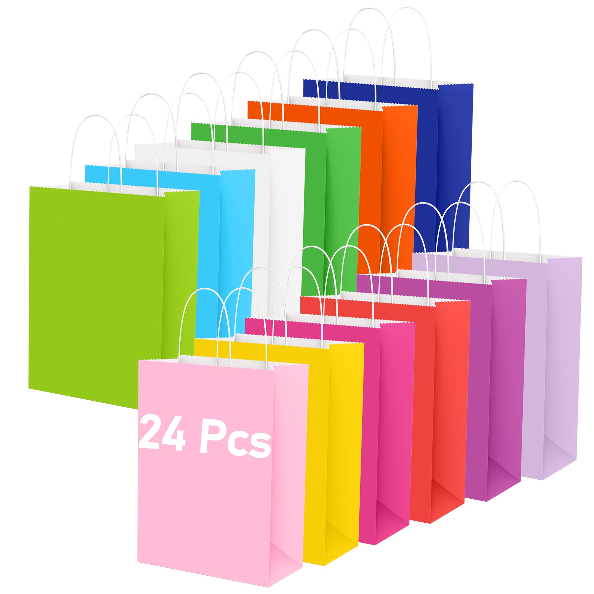 Hiziwimi 24 Pcs Handle Paper Gift Bags with Handles, 16×8×22 cm Colorful Party Bags, 12 Colors Vibrant Rainbow Kraft Paper Candy Bags for Parties, Birthdays, Weddings, Halloween, Christmas