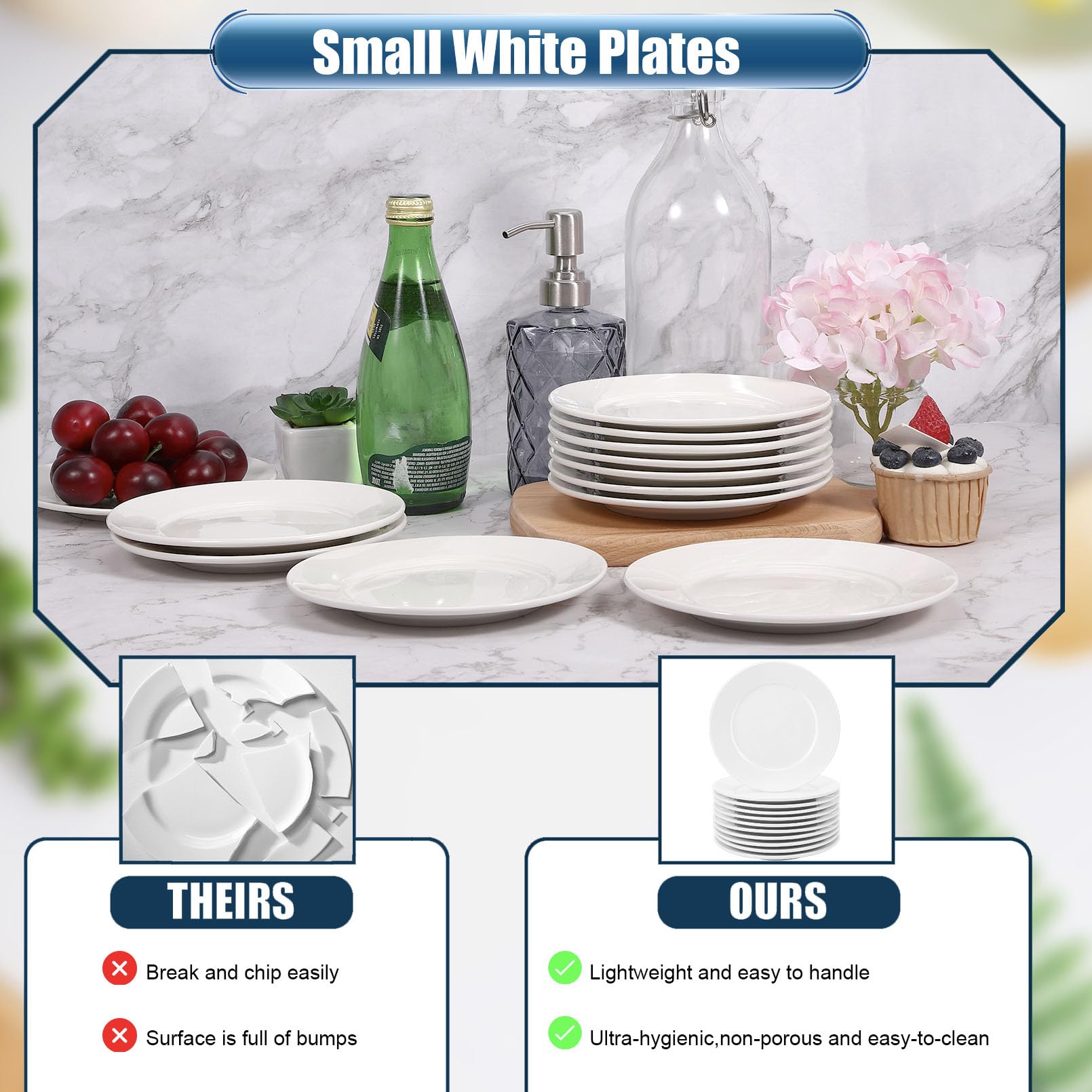 12 platos de postre de porcelana (18 piezas), IJRPLM18 platos de porcelana para postre/ensalada, platos pequeños para aperitivos, platos blancos pequeños de 6 pulgadas, juego de platos de