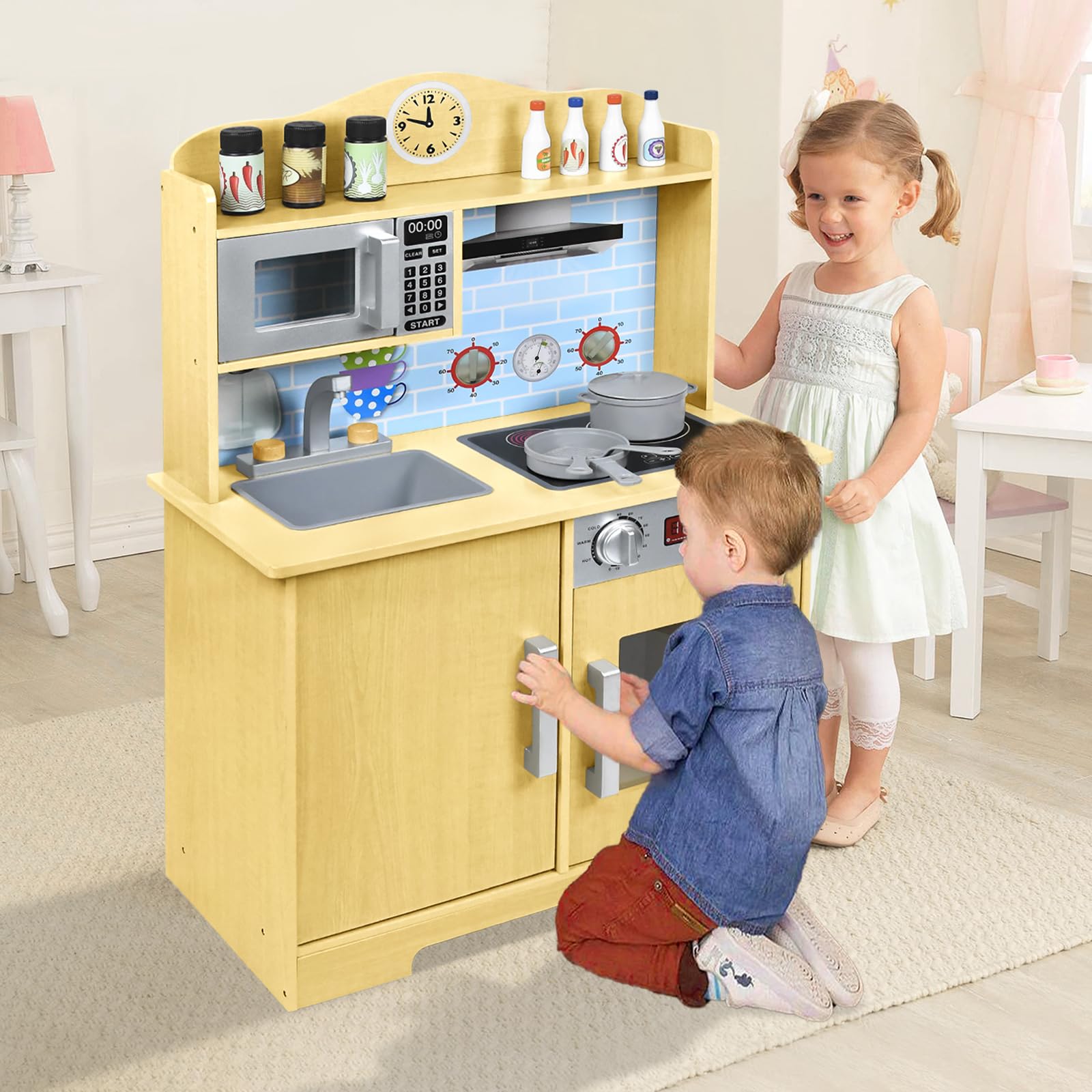 UISEBRT Cucina Giocattolo in Legno, Cucina per bambini con piano cottura lavello forno a microonde, altezza 92 cm, giocattolo per bambini 3+ anni, modello B