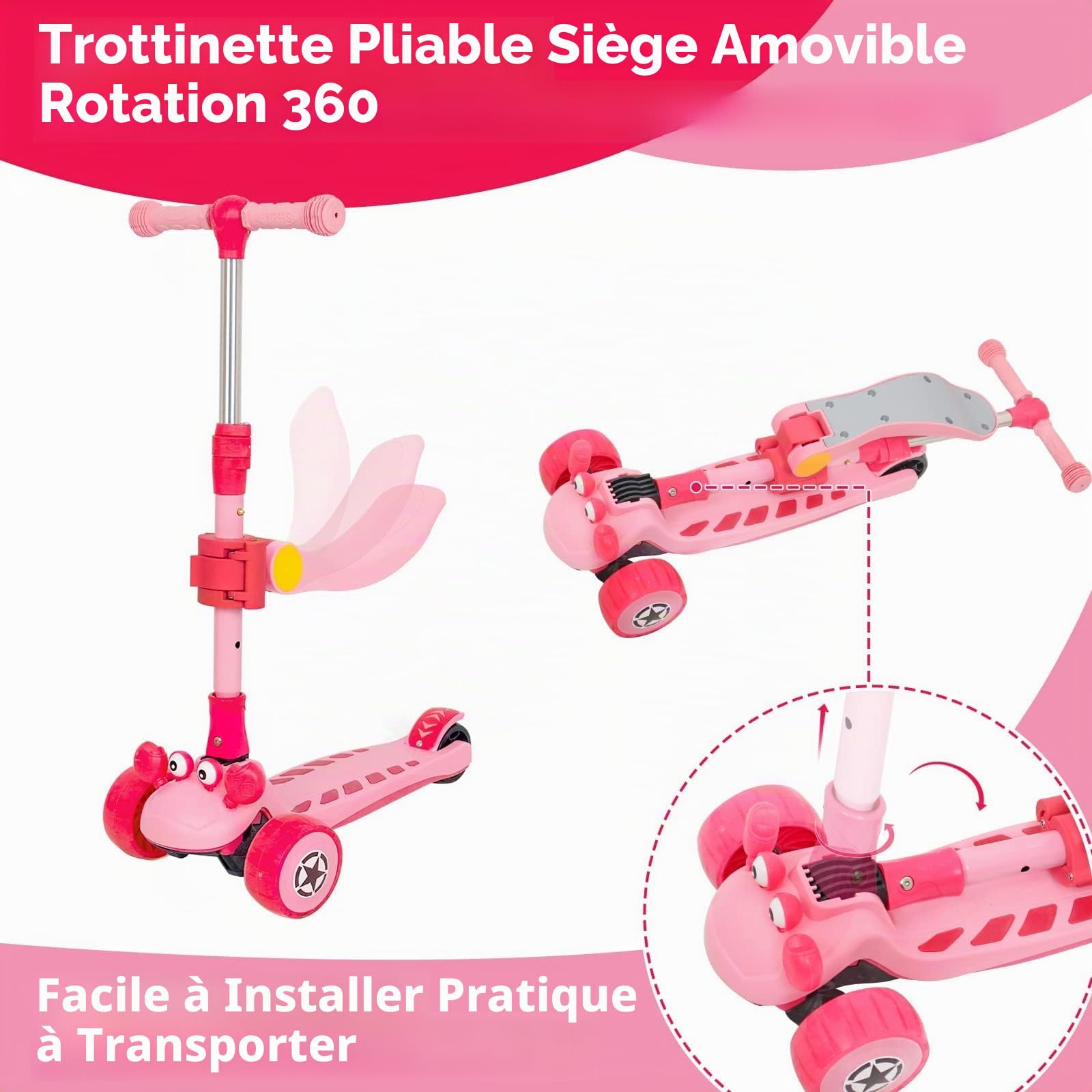 Trottinette Enfant 2-en-1, Siège, Roue LED, Guidon Réglable, Anti-Bascule