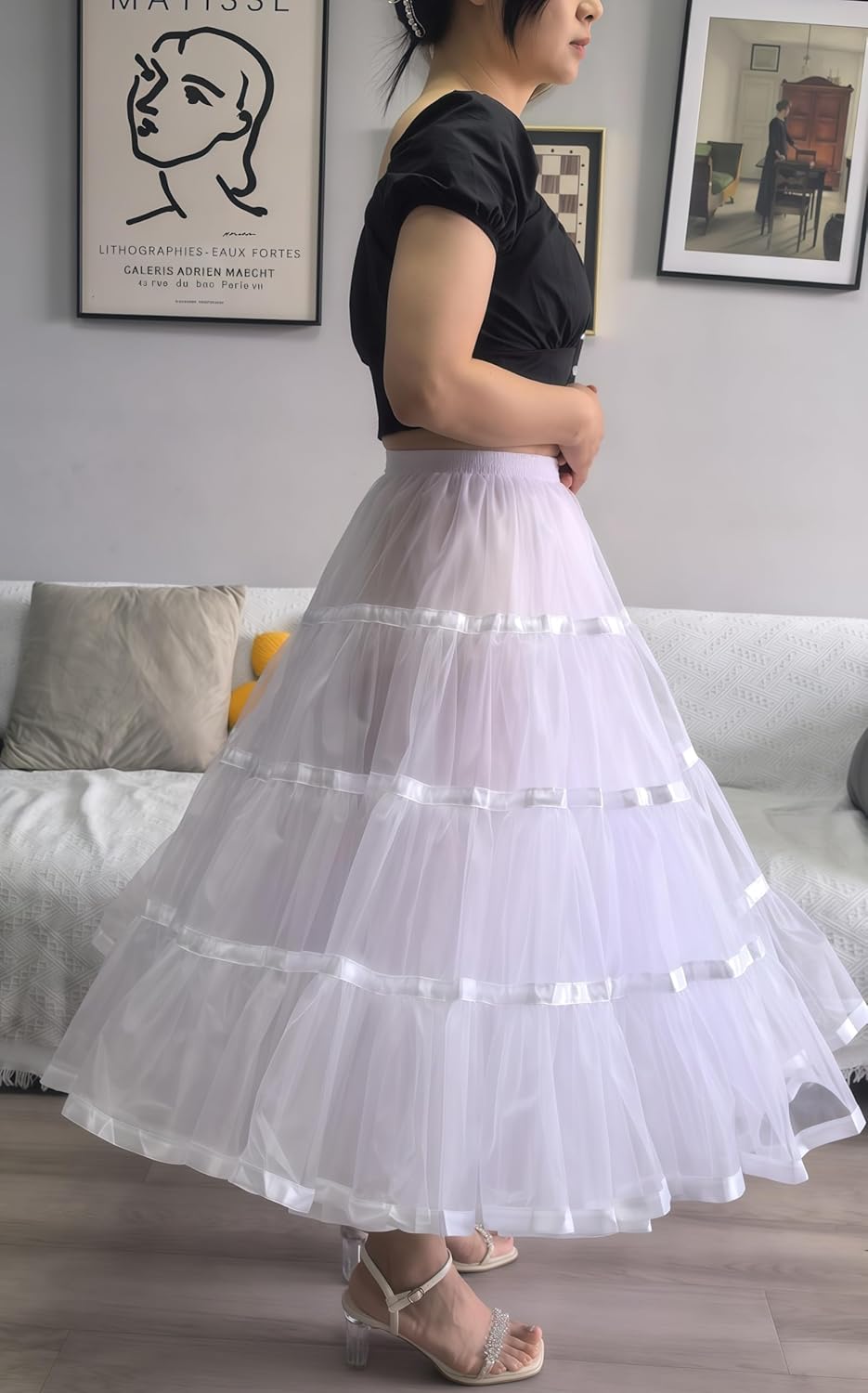 Women's 4 Tiers Plus Puffy Petticoat 31" Midi Underskirt tea length Crinoline Tulle Petticoat Half Slip - Image 3