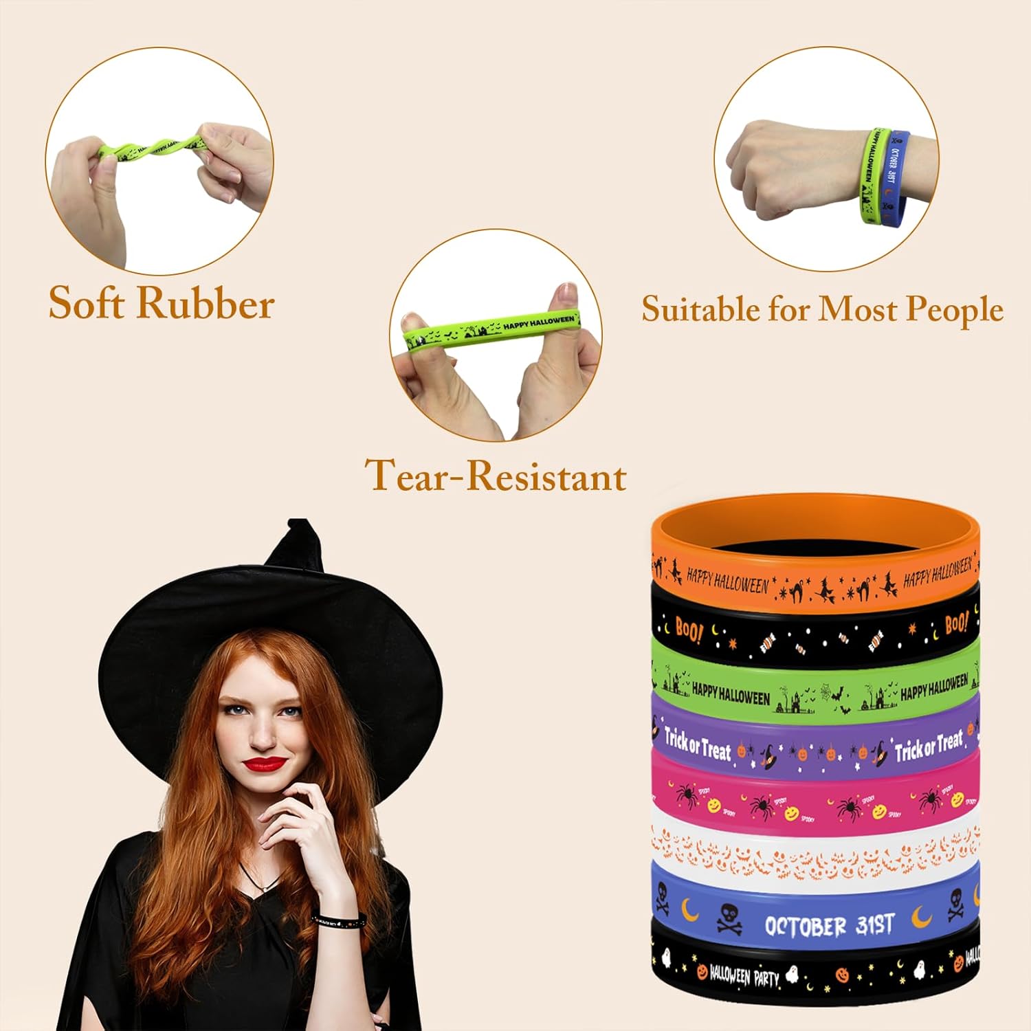24Pcs Halloween Party Favors, 8 Designs Silicone Bracelets Rubber Wristbands for Students Halloween Party Decor Trick or Treat Classroom Supplies