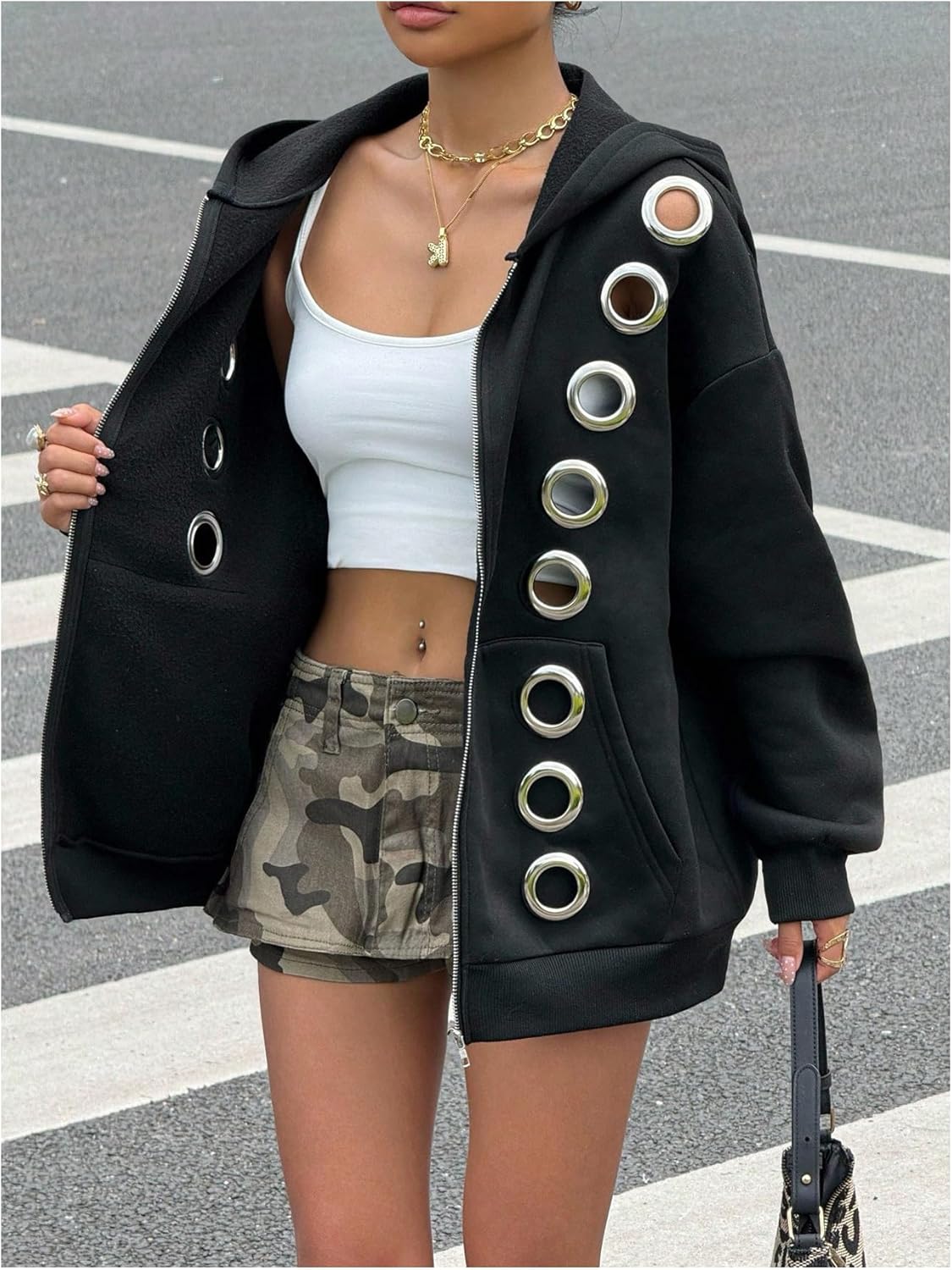 GORGLITTER Women's Oversized Zip Up Hoodie Y2k Grommet Goth Emo Sweatshirt Fall Grunge Streetwear Jacket 2025 Black Medium - Image 4