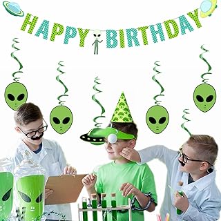Alien Theme Birthday Party Decoration Kit Alien Birthday Banner & Hanging Swirls UFO Theme Ceiling Whirl Streamer Hanging Cutouts Area 51 Say Hello to Humans for Kids Adults Birthday Baby Shower