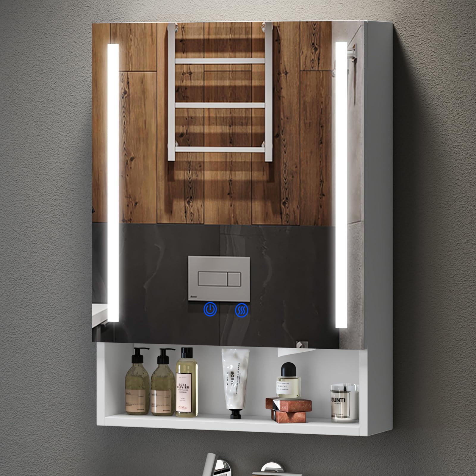 joolihome living Bathroom Mirror Cabinet, Wall Mounted Cabinet with Mirror & 2 Adjustable Shelves, 3 Tier Storage Cupboard Unit Organizer Bathroom Furniture (With LED Lights, 500x700mm)