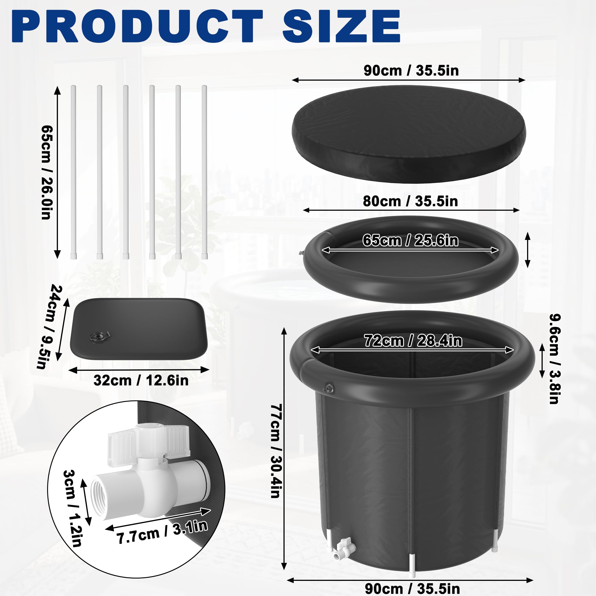 UISEBRT Boccetta per il bagno di ghiaccio con copertura, Ø 90 cm, per atleti, atleti, autoportante, 397 l, portatile, vasca da bagno mobile per casa e all'aperto