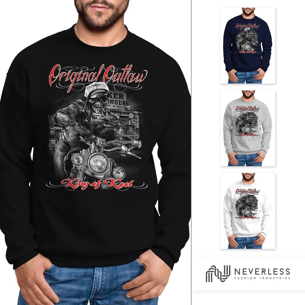 Neverless Herren Sweatshirt King of The Road Motorrad Biker Skelett Rockabilly