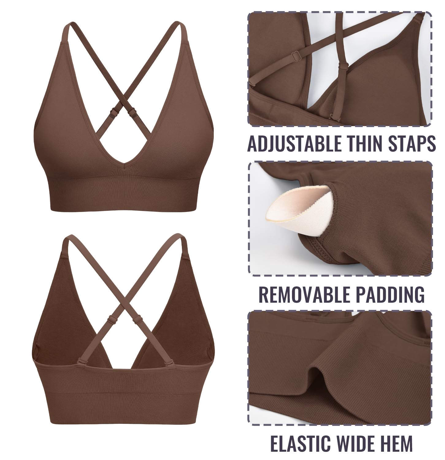 Reggiseno sportivo da donna, con scollo a V, regolabile, spalline sottili, imbottito, incrociato, schiena lunga, yoga, allenamento, confezione multipla