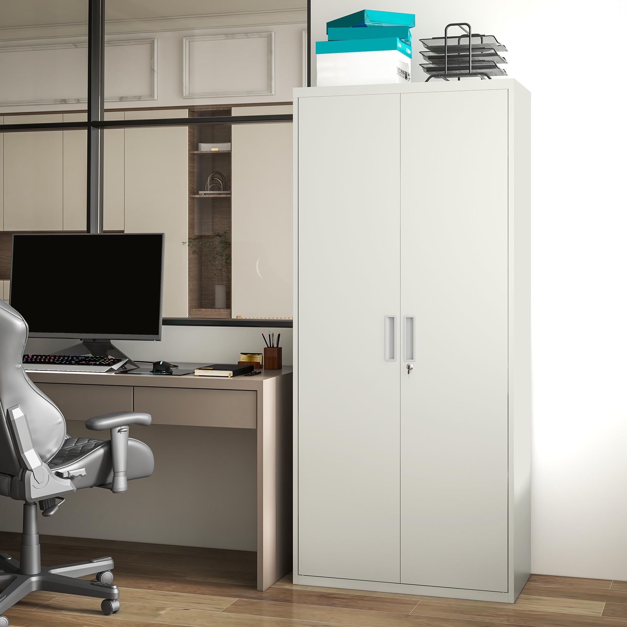 HOMCOM Armadio Ufficio a 5 Livelli con 4 Ripiani Regolabili, Armadio in Metallo Portadocumenti con 2 Ante, Serratura e 2 Chiavi, 80x40x180 cm, Bianco