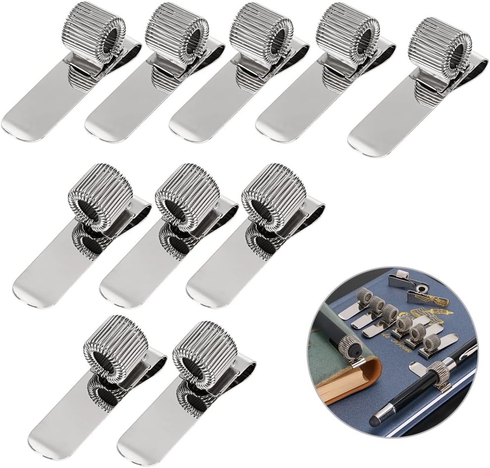 BTSKY Stainless Pen Holder Clip for Notebook and Clipboard with Spring 5 Top & 5 Side Fit Fits Almost All Pen Size, Use in Home Office Kitchen Car and Pocket 10 Pack (Silver)