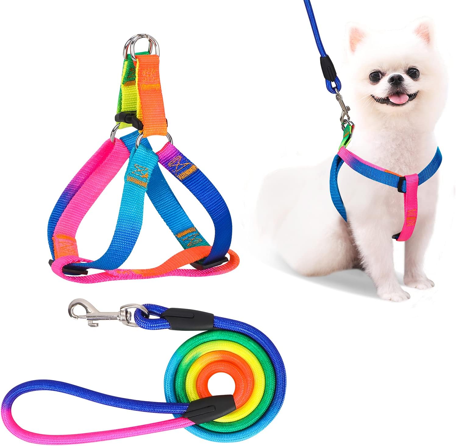 PetsHome Dog Harness & Leash Set Adjustable No Pull Safe Nylon Pet Harness with Leash for Outdoor Walking for Dogs Medium Rainbow