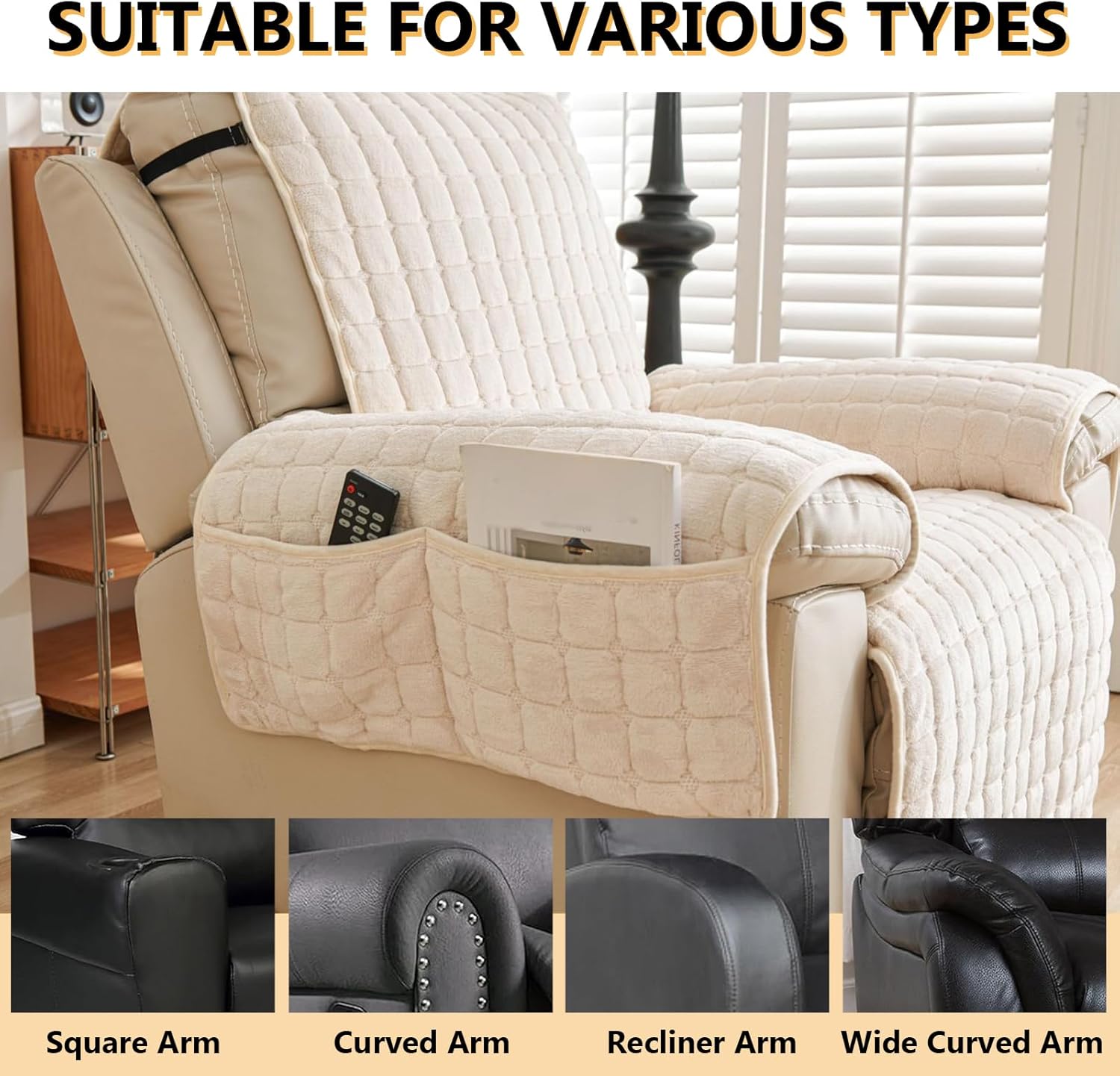 Recliner Chair Cover,Non Slip Thickened Flannel 1 2 3 Seater Soft Warm Reclining Chair Cover with Side Pocket Cushion Sofa Slipcovers Armchair Cover for Living Room (Beige,167 * 190cm)