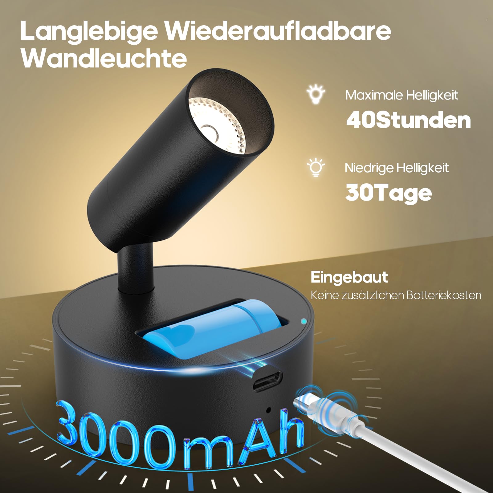 Foco de pared inalámbrico recargable 3000 mAh 3 colores regulable mando a distancia negro