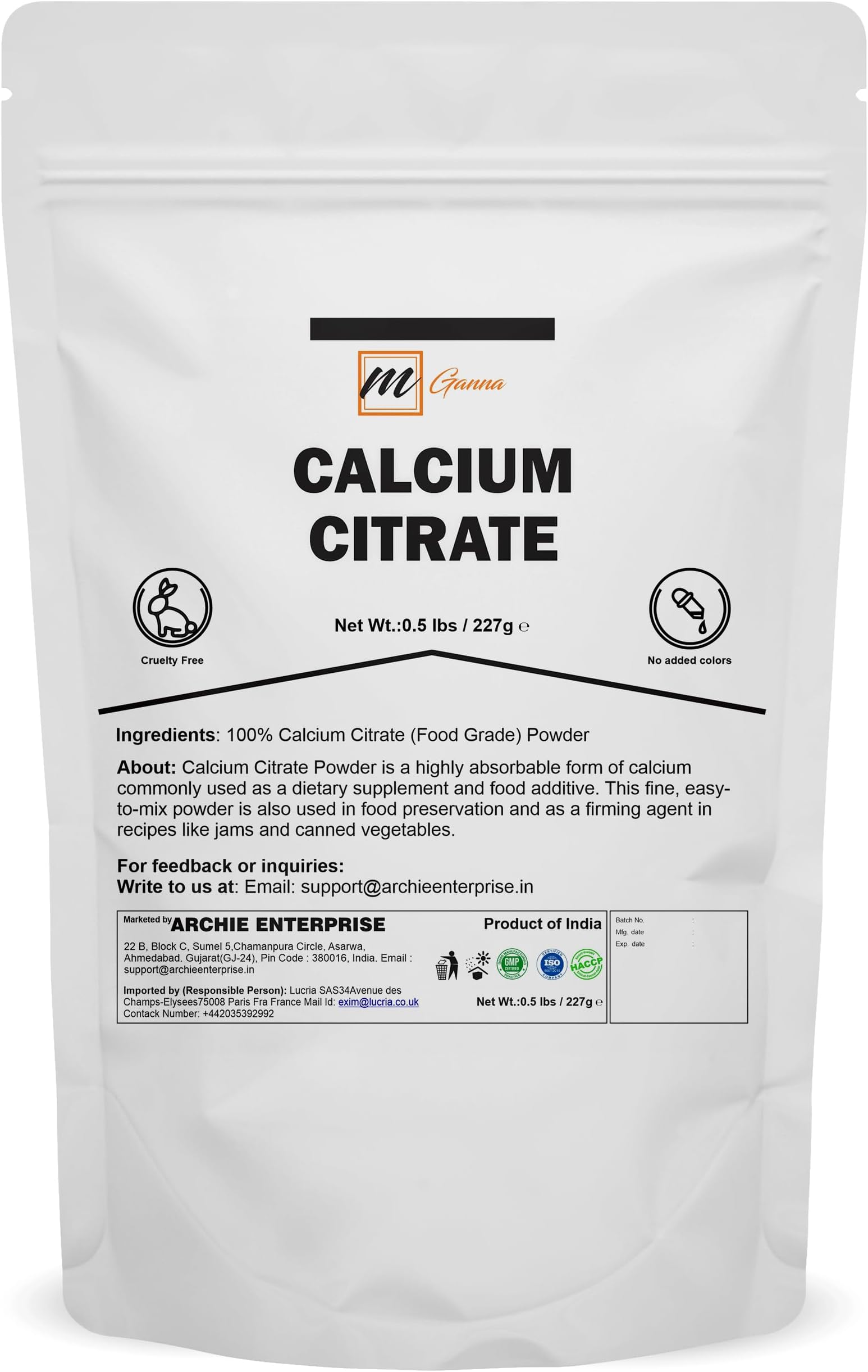 Calcium Citrate Powder (Food Grade) 227 gm / 0.5 lbs Versatile, Highly Absorbable Calcium Source