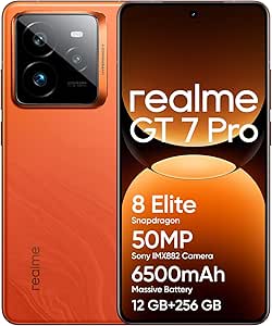 realme GT 7 Pro 5G Smartphone 12+256 GB, Procesador Snapdragon® 8 Elite,Carga SUPERVOOC de 120 WBatería Titan de 6500 mAh,IP69,Desbloqueo Submarino, Naranja(no Adapter)