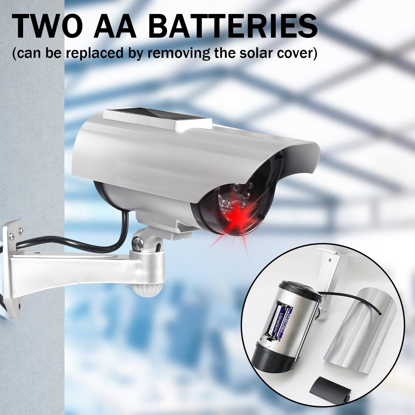 Lot de 2 caméras factices avec lampe solaire extérieure à LED, caméra factice extérieure solaire, fausse caméra de surveillance, pour jardin, ouverture de porte, couloir, caméra de sécurité