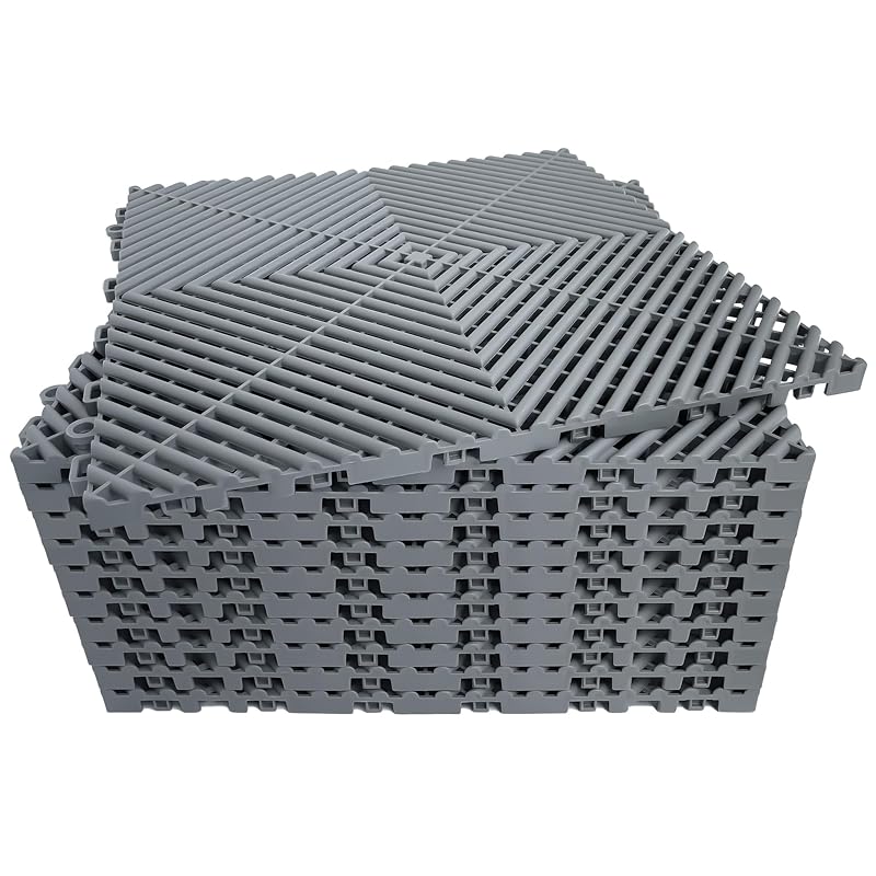Kit de 12 Placas Modulares para Piso de Garagem com Drenagem, Intertravadas, Cinza HTWELL