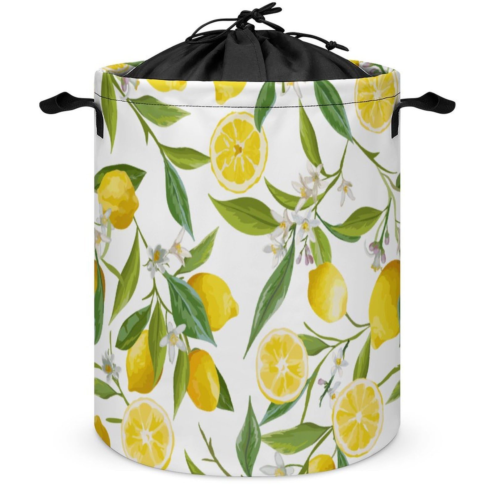 Qjjinxior Drawstring Laundry Hamper, Lemon with Flowers And Leaves Laundry Basket, Washing Basket with Handle