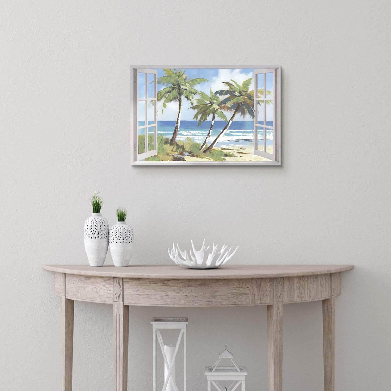 summer melody Serene Beach Canvas Wall Art - Palm Tree Picture Coastal Tropical Window Artwork Ocean Waves Painting for Living Room Bedroom